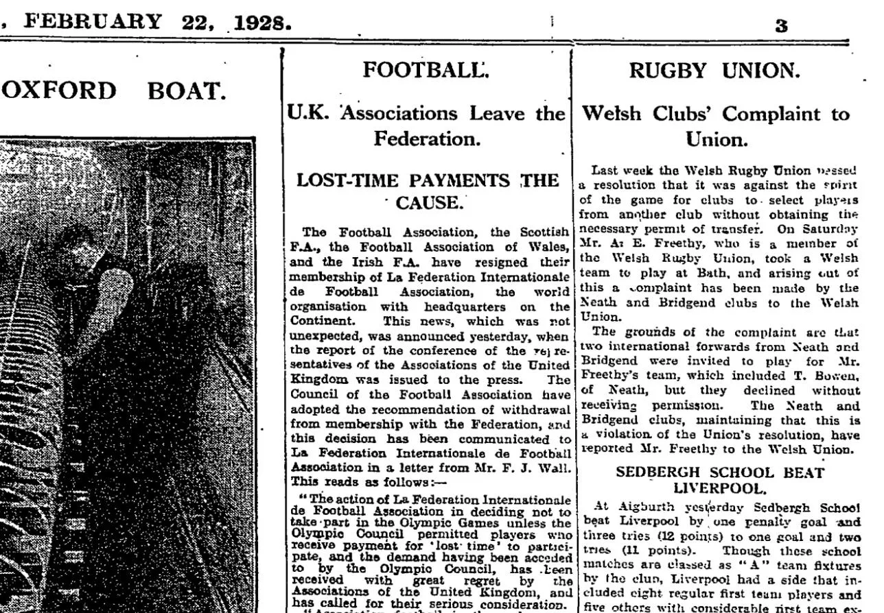 The English Football Association leave FIFA, Manchester Guardian, 22 February 1922.