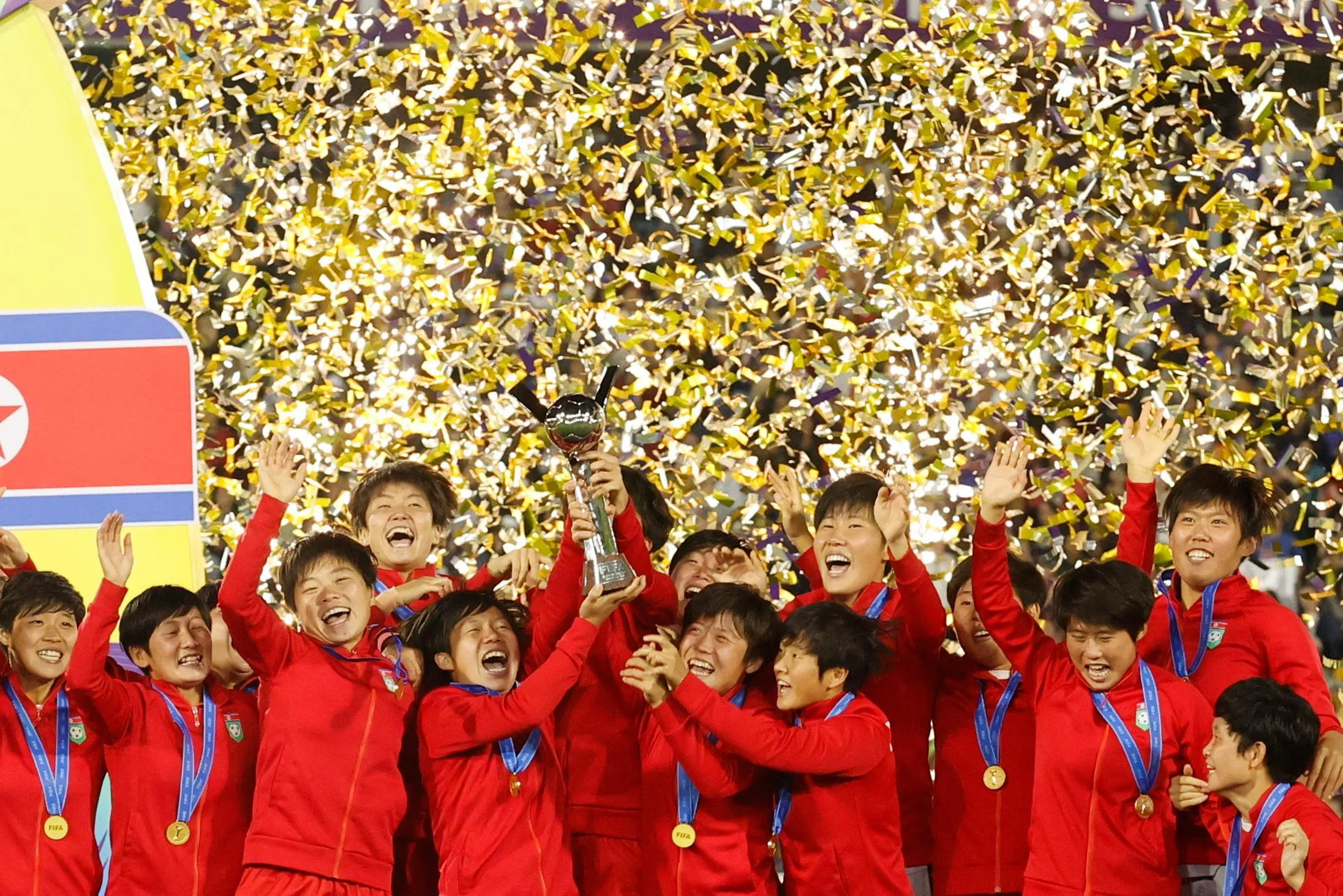 North Korea celebrate winning the 2024 Under-20 Women's World Cup final against Japan