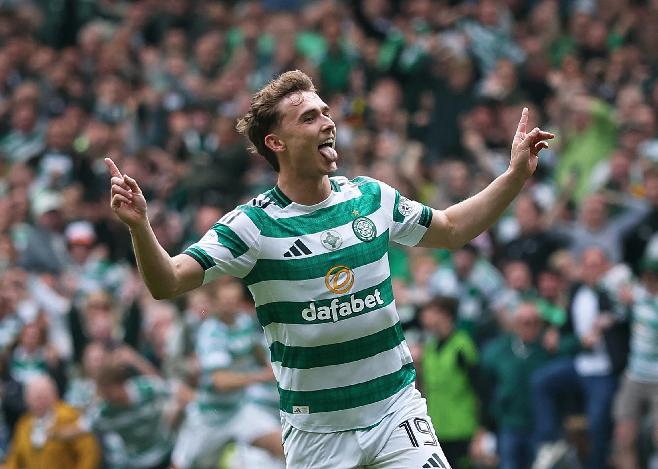 Celtic’s Callum Osmand celebrates scoring their third goal.
