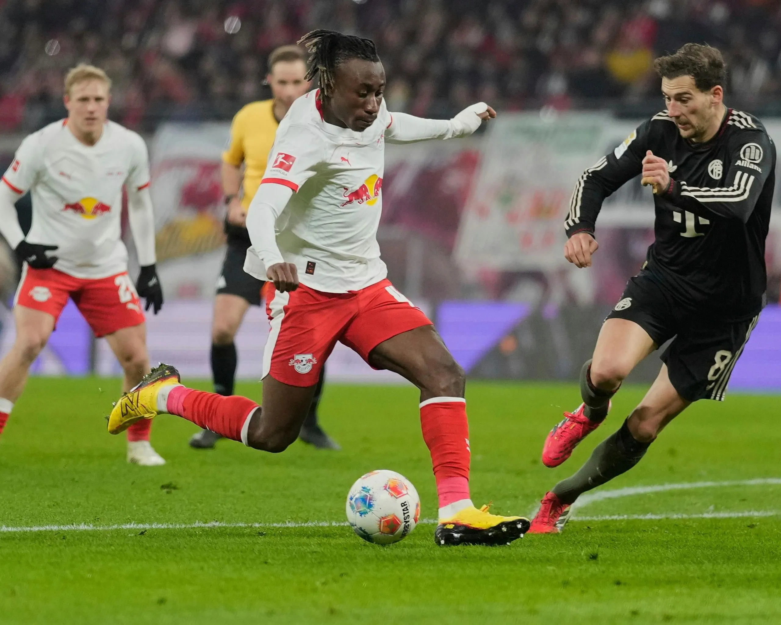 RB Leipzig’s Yan Diomande (centre) has been heavily linked with Liverpool after a fine first Bundesliga season.