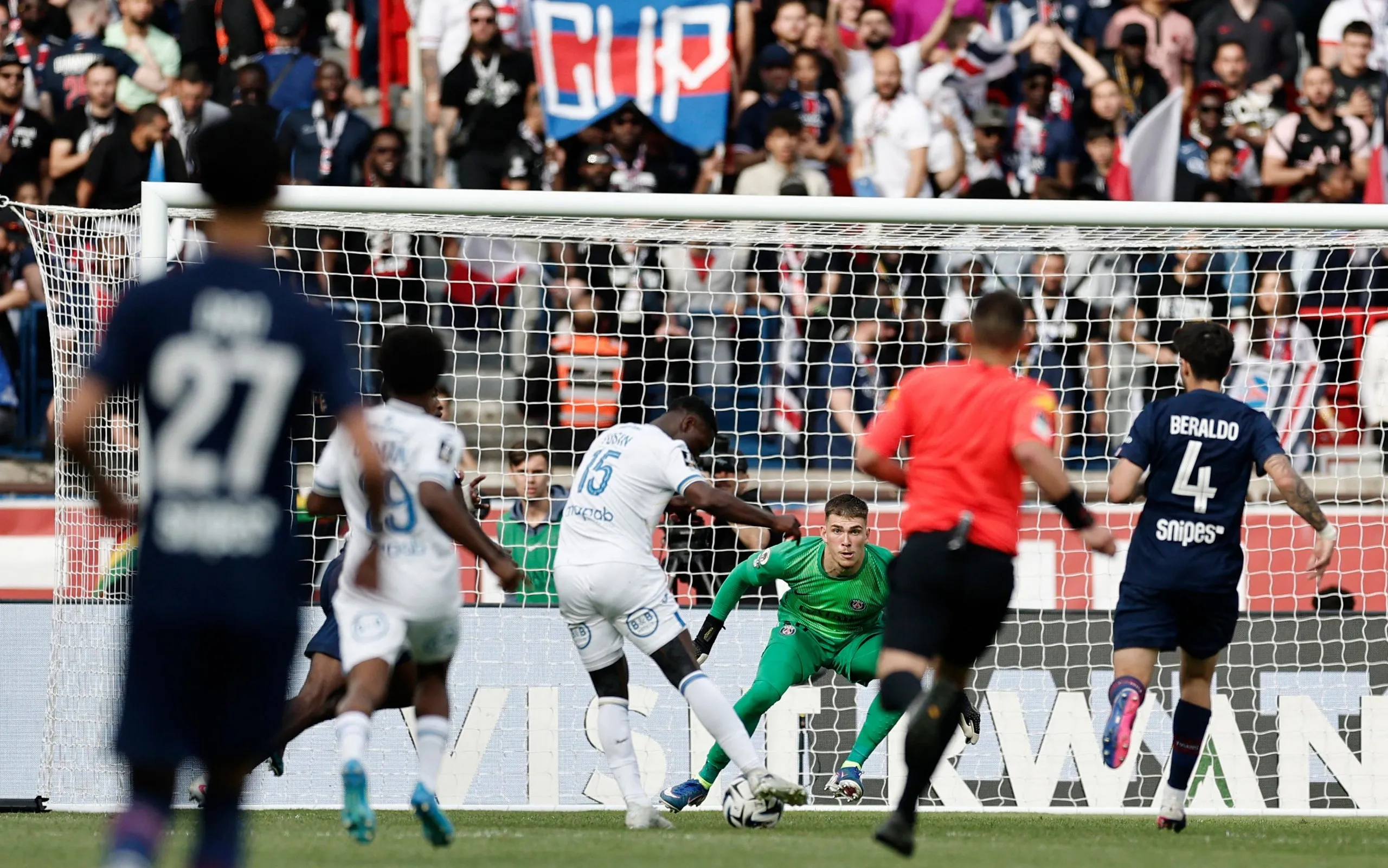 Aiyegun Tosin scores Lorient’s equaliser against Paris Saint-Germain.