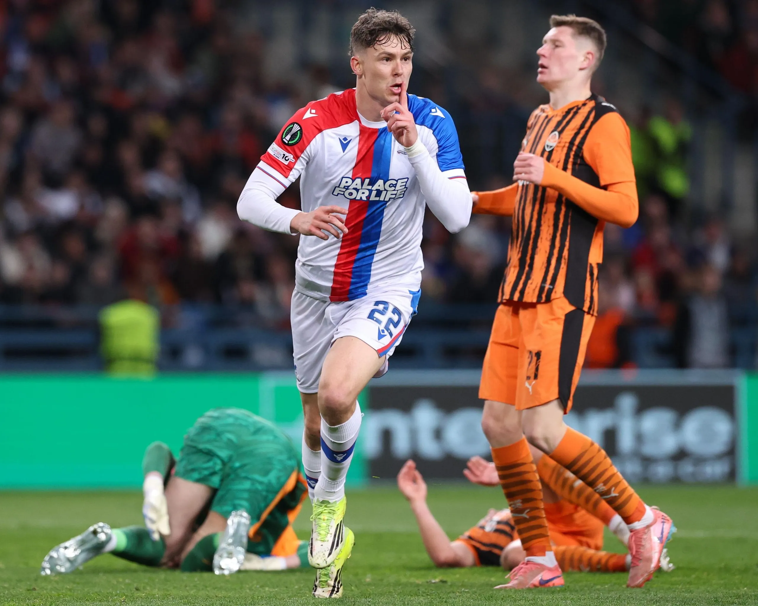 Jorgen Strand Larsen wheels away in celebration after extending Crystal Palace’s lead against Shakhtar Donetsk.