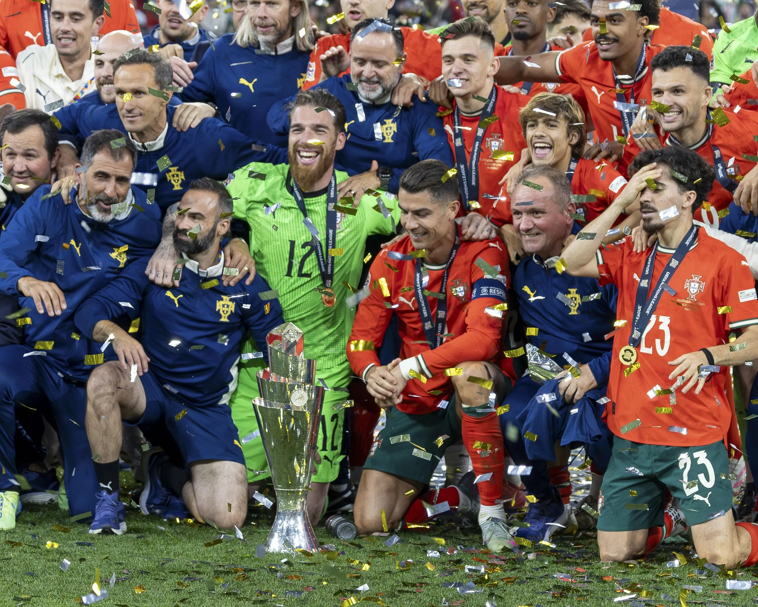 Portugal celebrate with the Nations League trophy