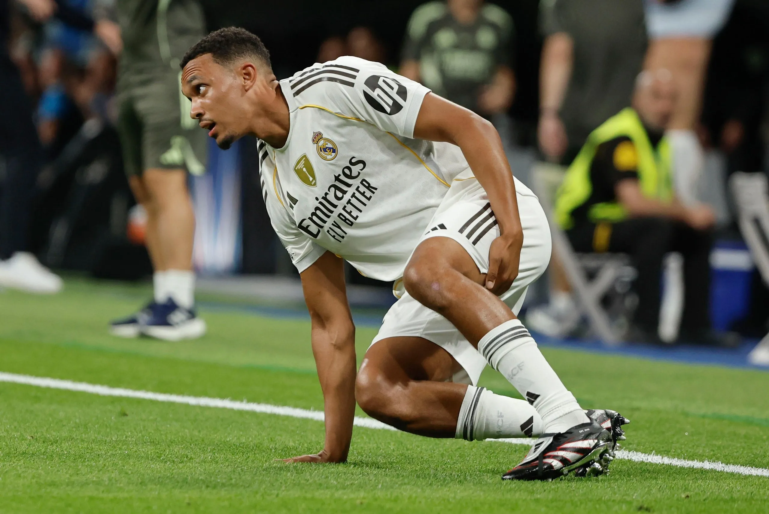 Real Madrid’s Trent Alexander-Arnold sits on the ground during the Champions League match against Marseille.