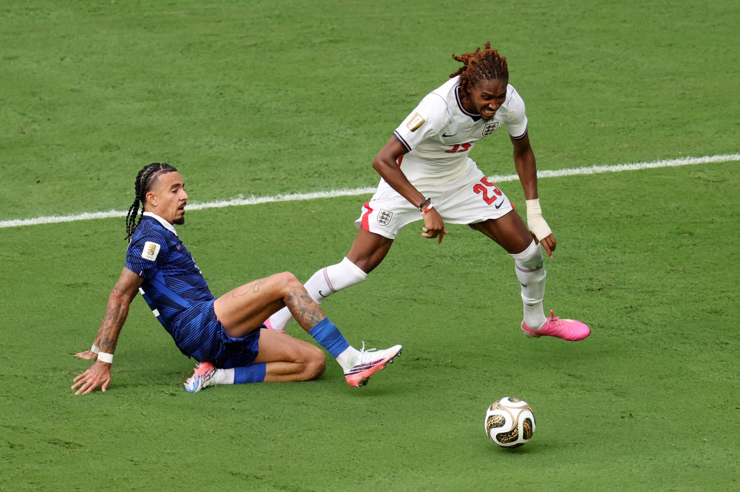 Djed Spence of England is fouled by Malo Gusto of France in the penalty box resulting a penalty kick awarded to England.