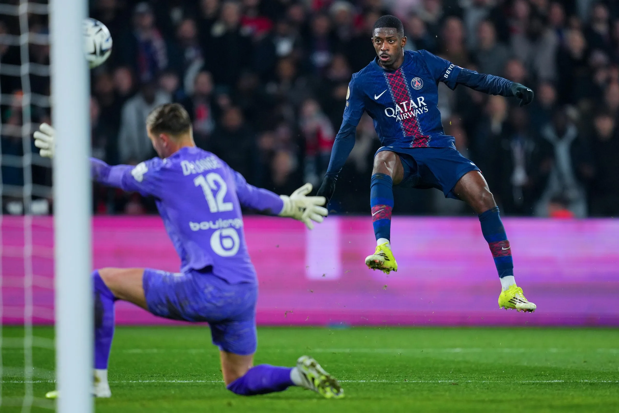 Ousmane Dembélé scores for PSG in their 5-0 win against Marseille.
