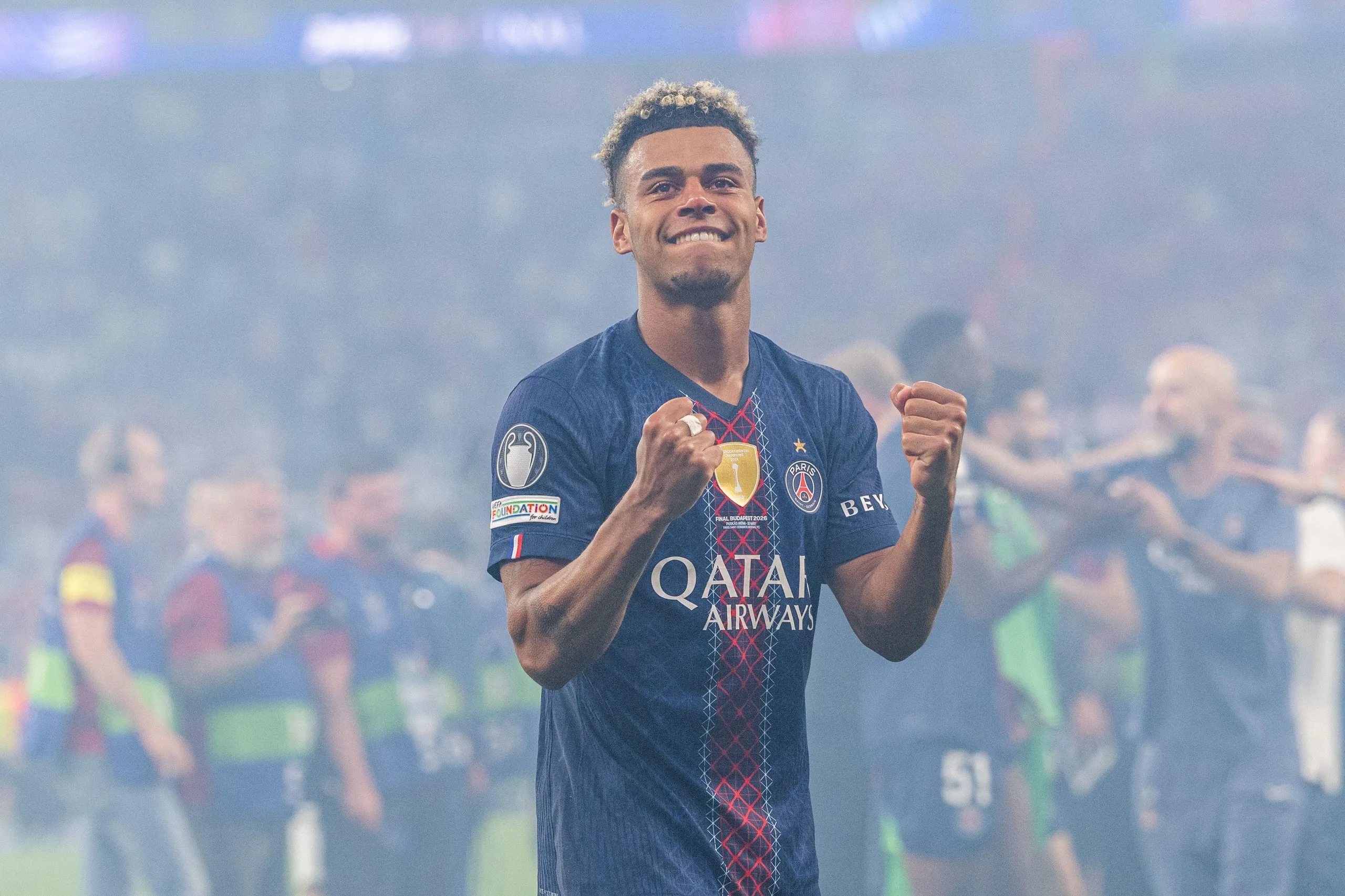 Désiré Doué celebrates PSG’s victory