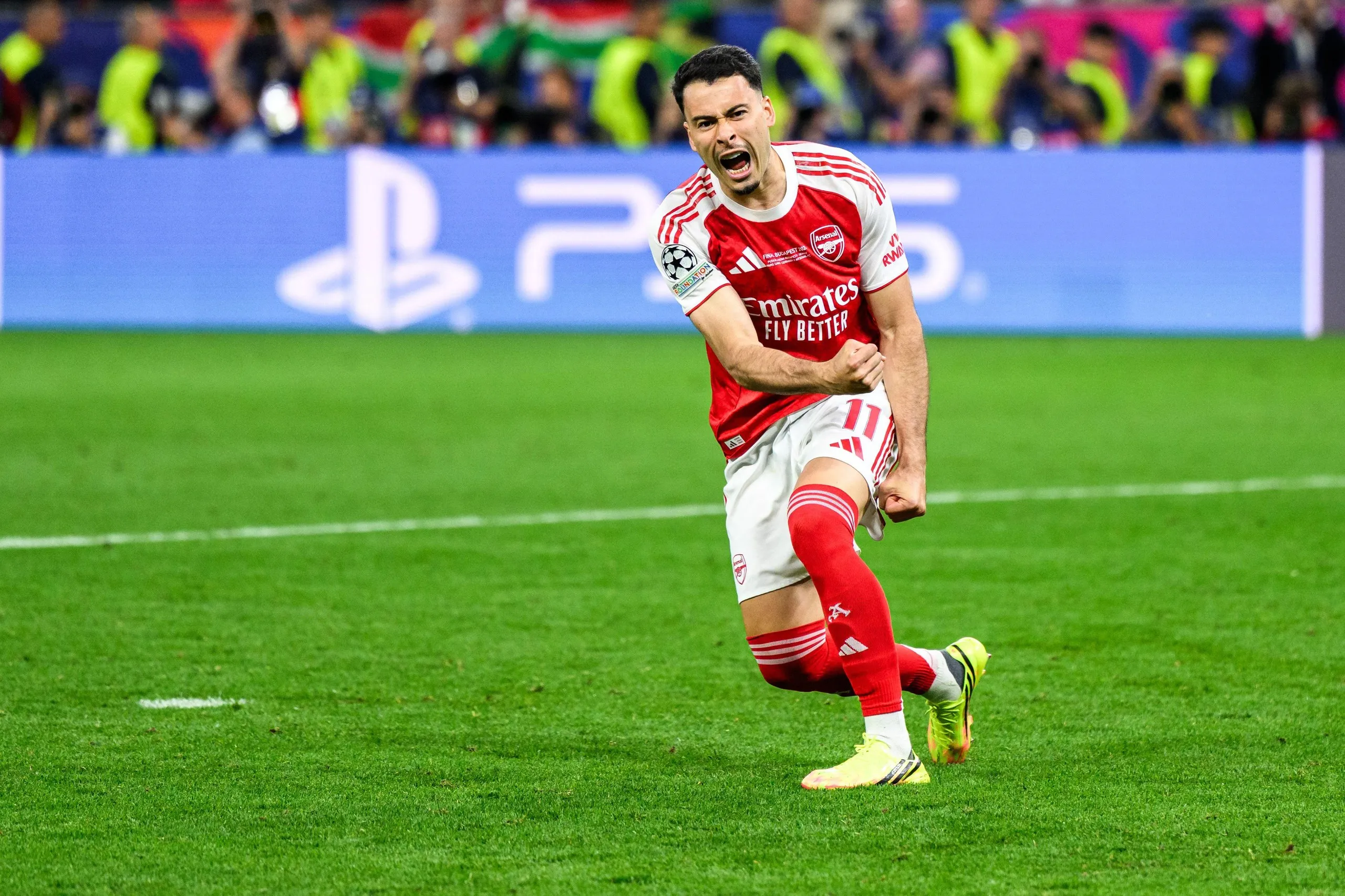 Gabriel Martinelli of Arsenal celebrates in a penalty shoot-out.