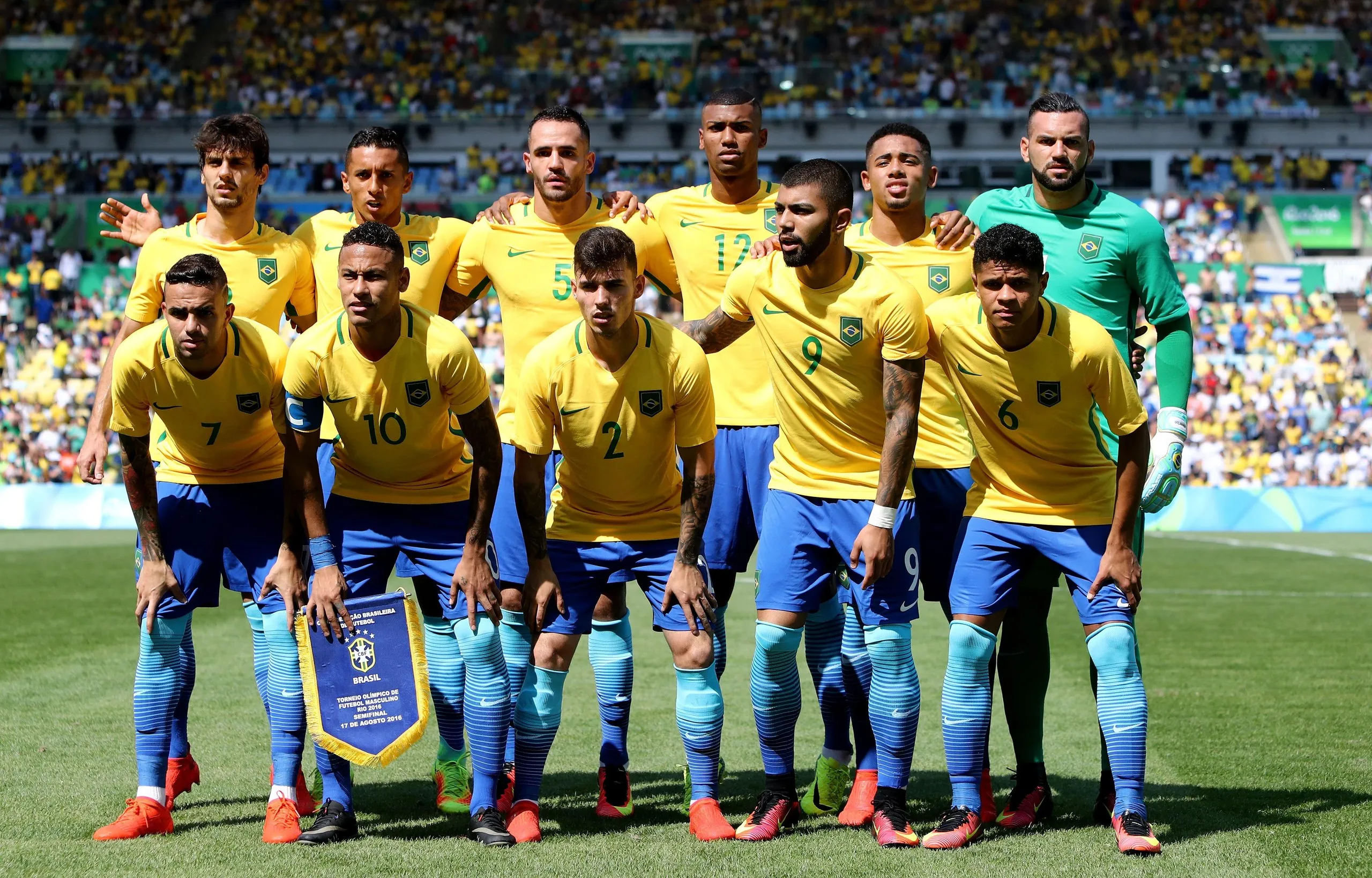 Caio lines up alongside his Brazil teammates at the Olympics in Rio in 2016.