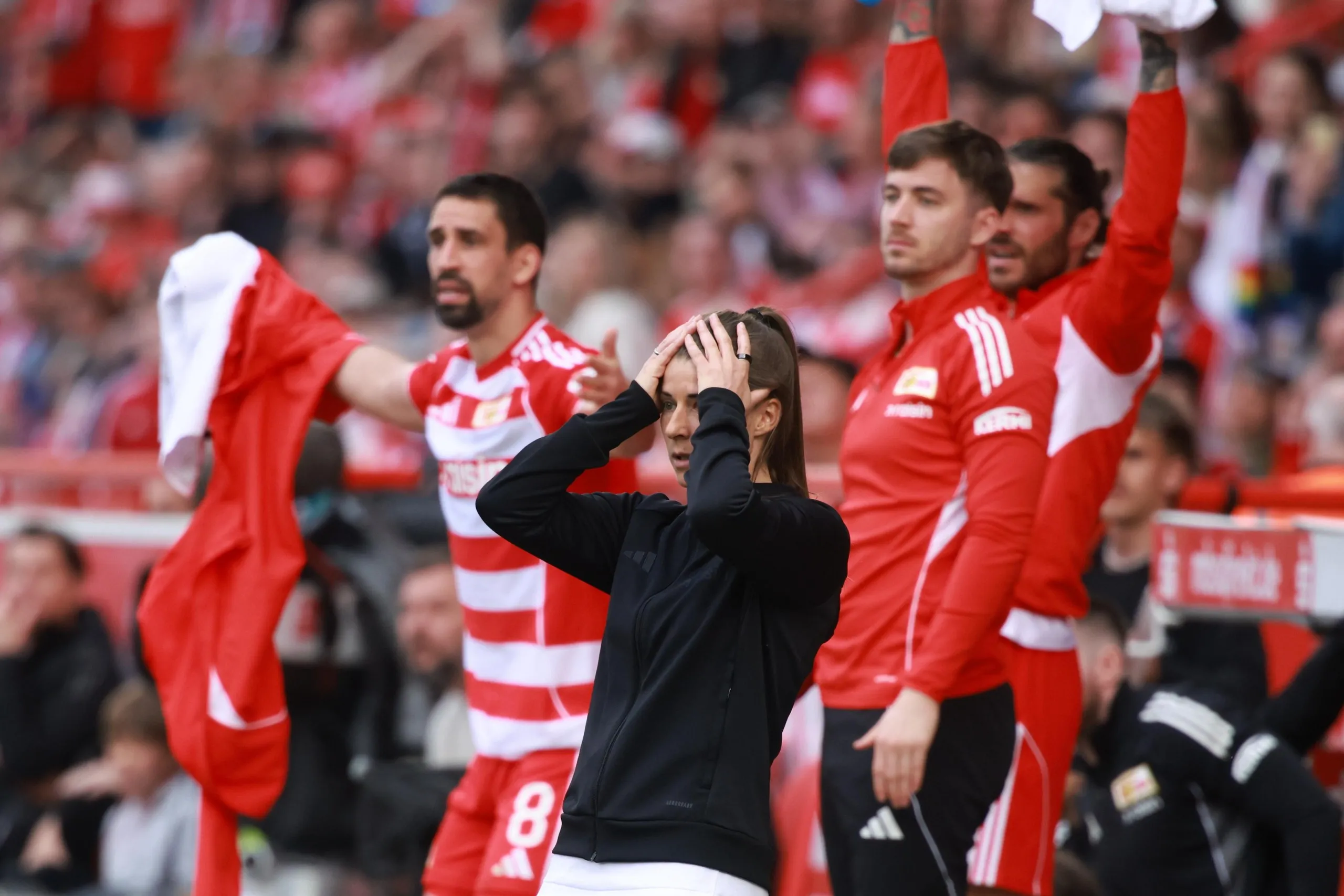 Marie-Louise Eta reacts during the Bundesliga match between Union Berlin and Wolfsburg