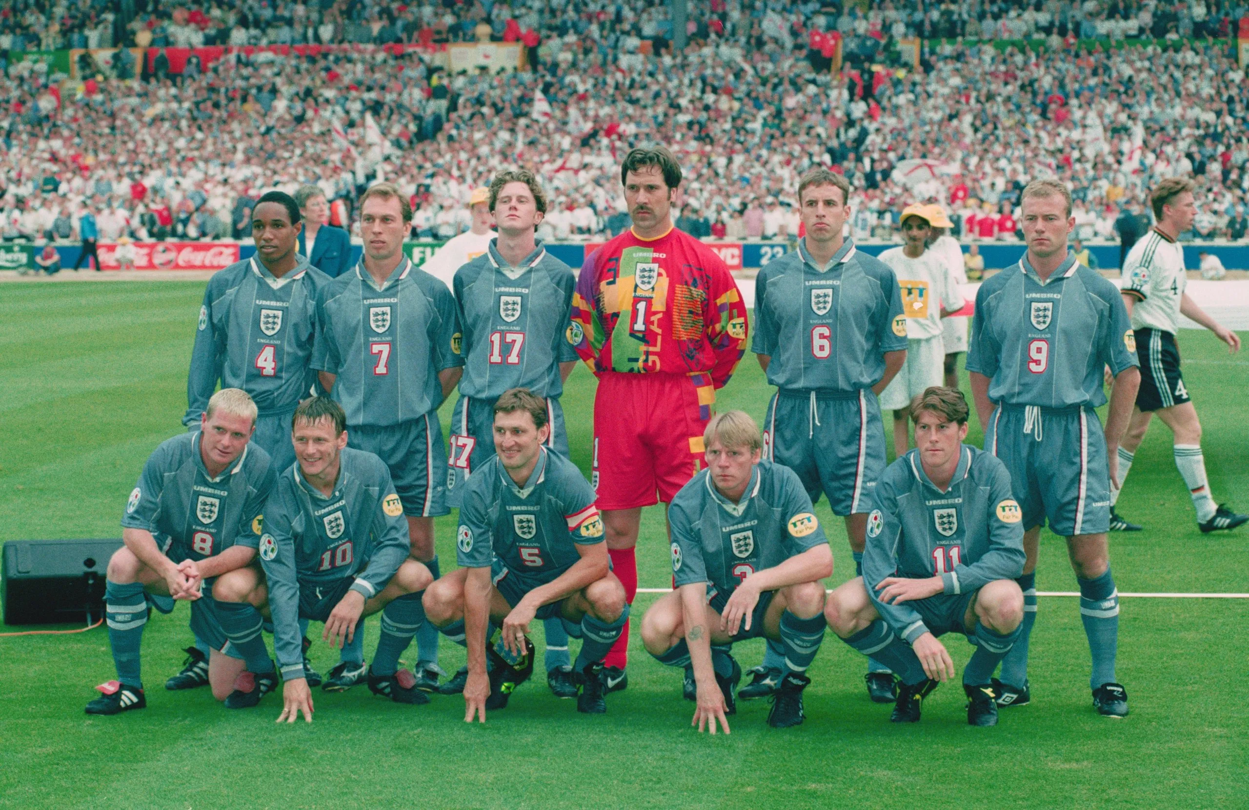 England pose for a lineup picture at Wembley before their Euro 96 semi-final with Germany