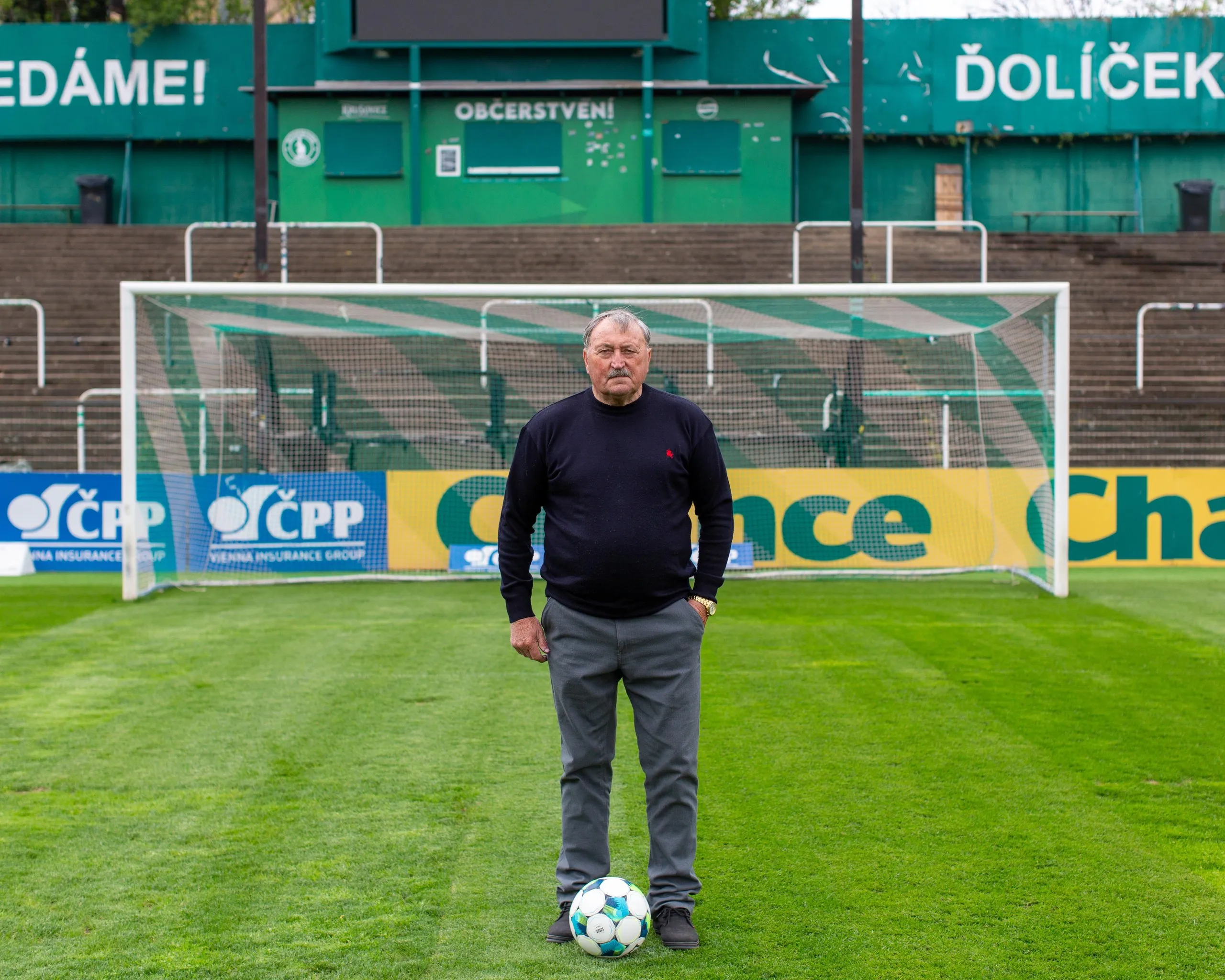 Antonín Panenka with a football on the penalty spot at Bohemians’ home in Prague.