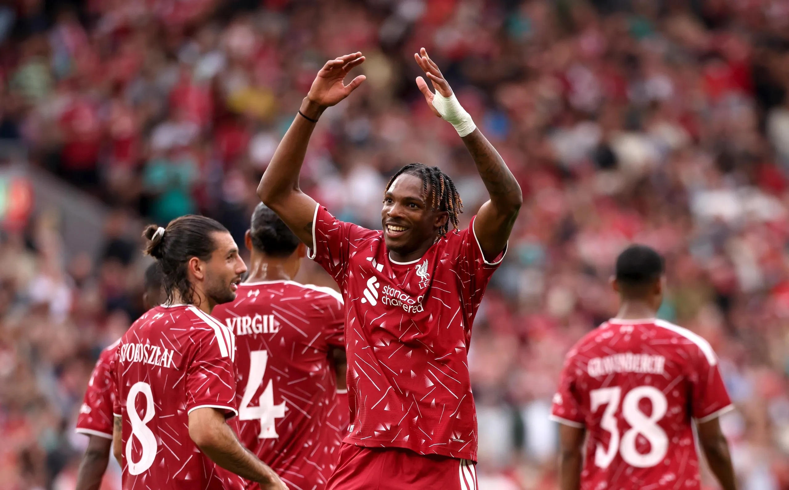 Jérémy Jacquet celebrates scoring his team’s second goal during the pre-season friendly against Como.