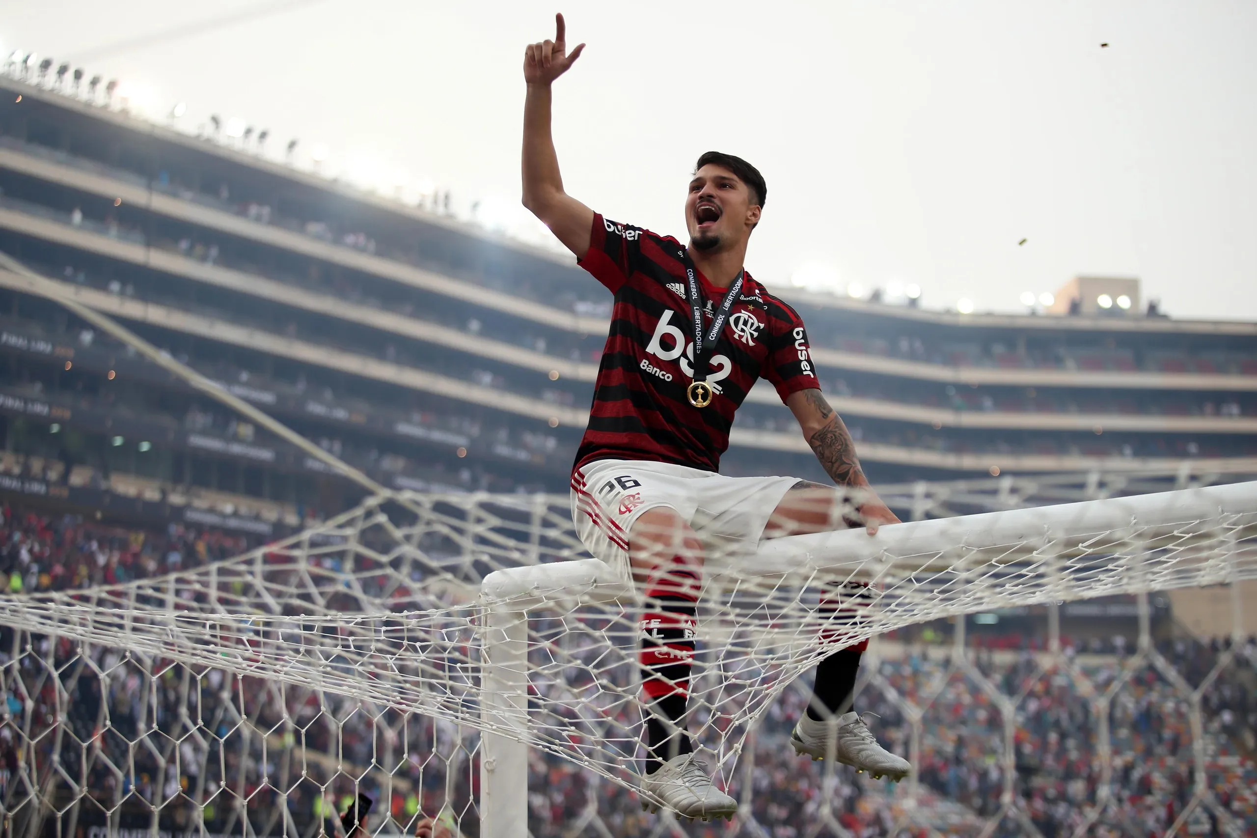 Thuler of Flamengo celebrates after winning the final match of Copa Libertadores final.