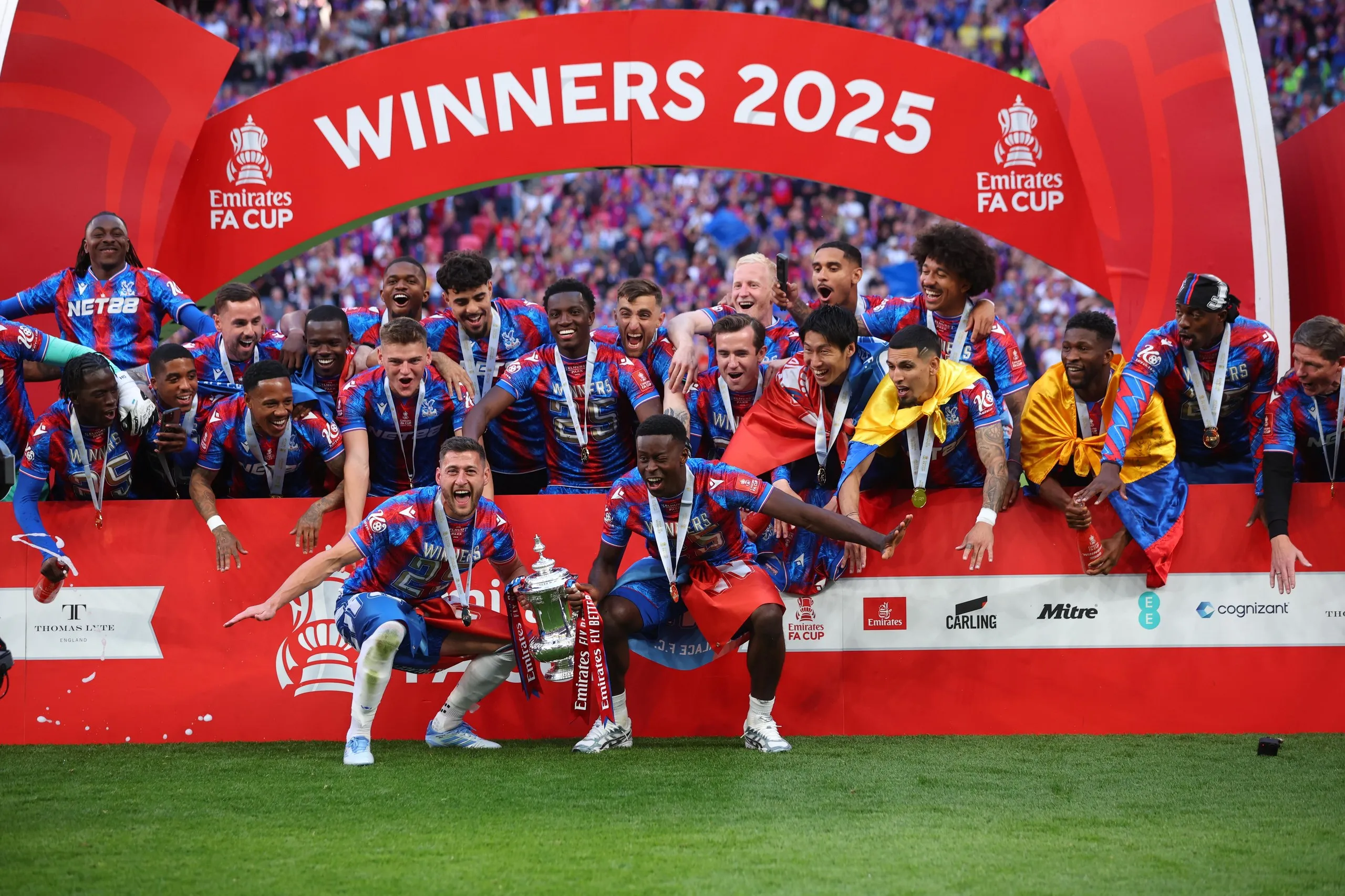 Marc Guéhi and Crystal Palace celebrate winning the FA Cup. 