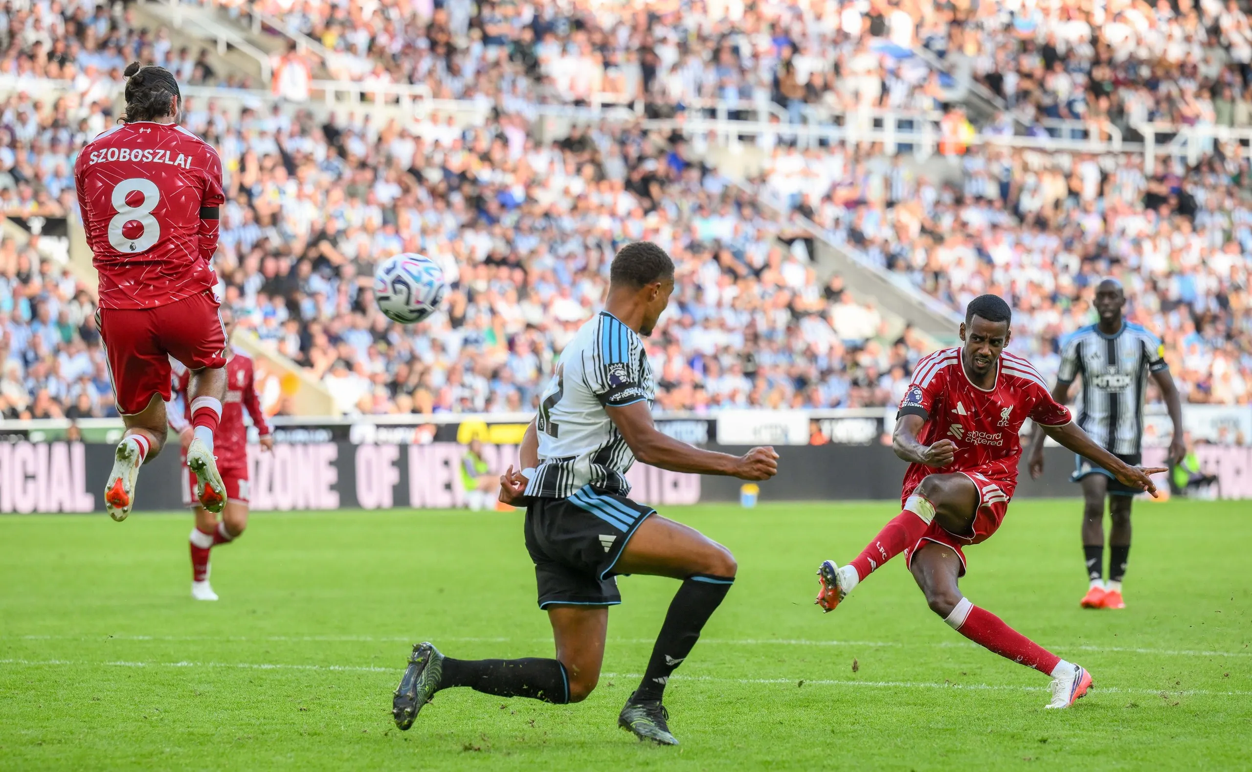 Alexander Isak of Liverpool puts a shot over the goal.