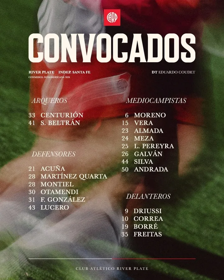 La lista de concentrados de River vs. Independiente Santa Fe (Prensa River)