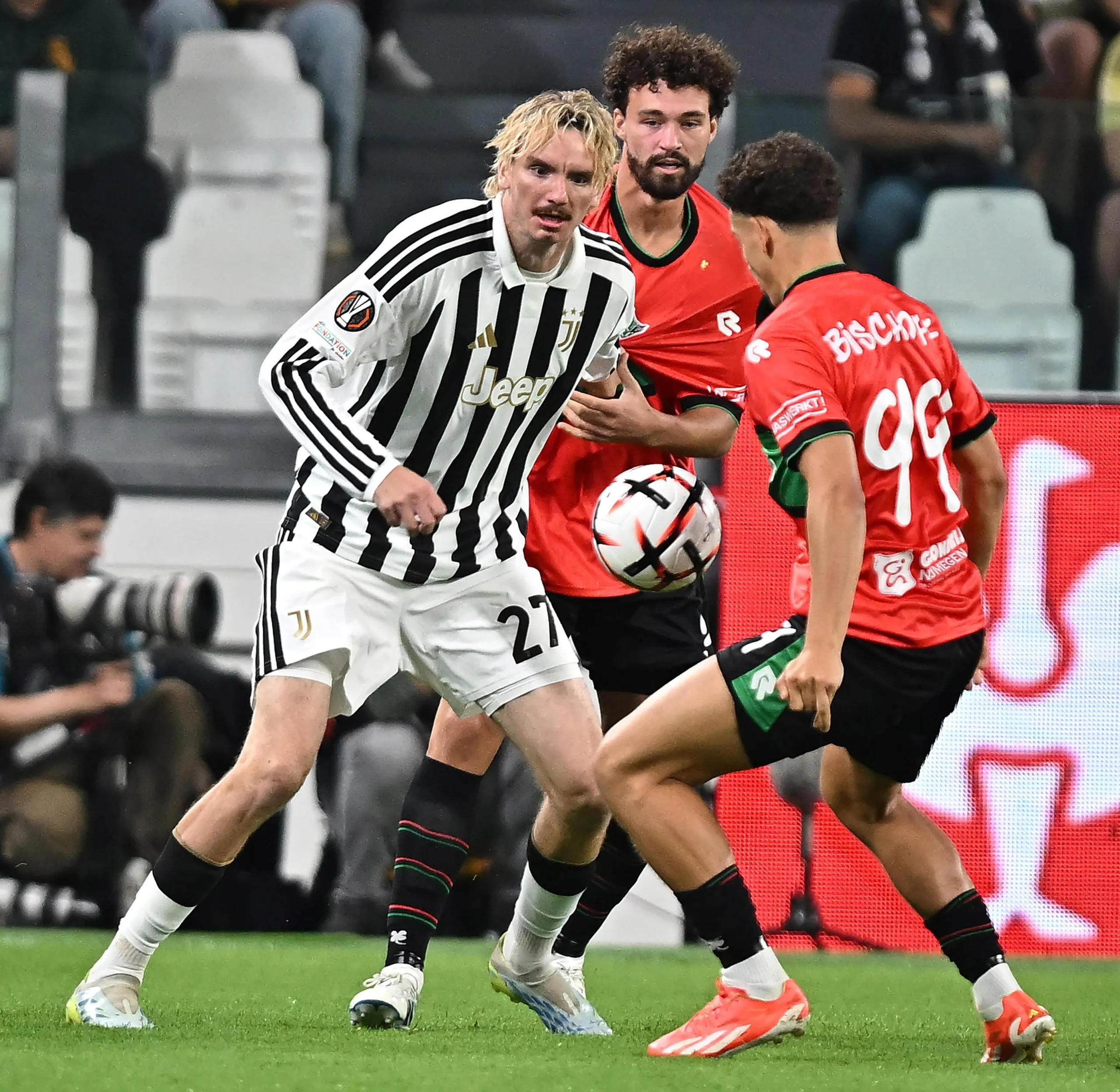 Nick Woltemade of Juventus battles for the ball during the victory against NEC.