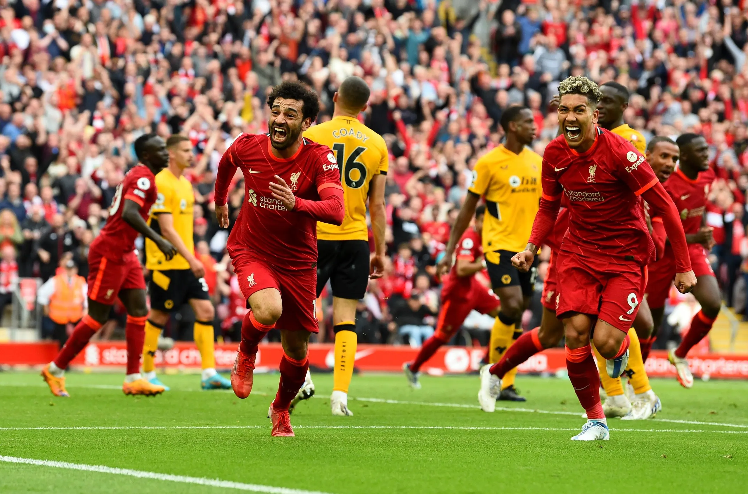 Mohamed Salah celebrates putting Liverpool 2-1 up against Wolves on the last day of the 2022-23 season