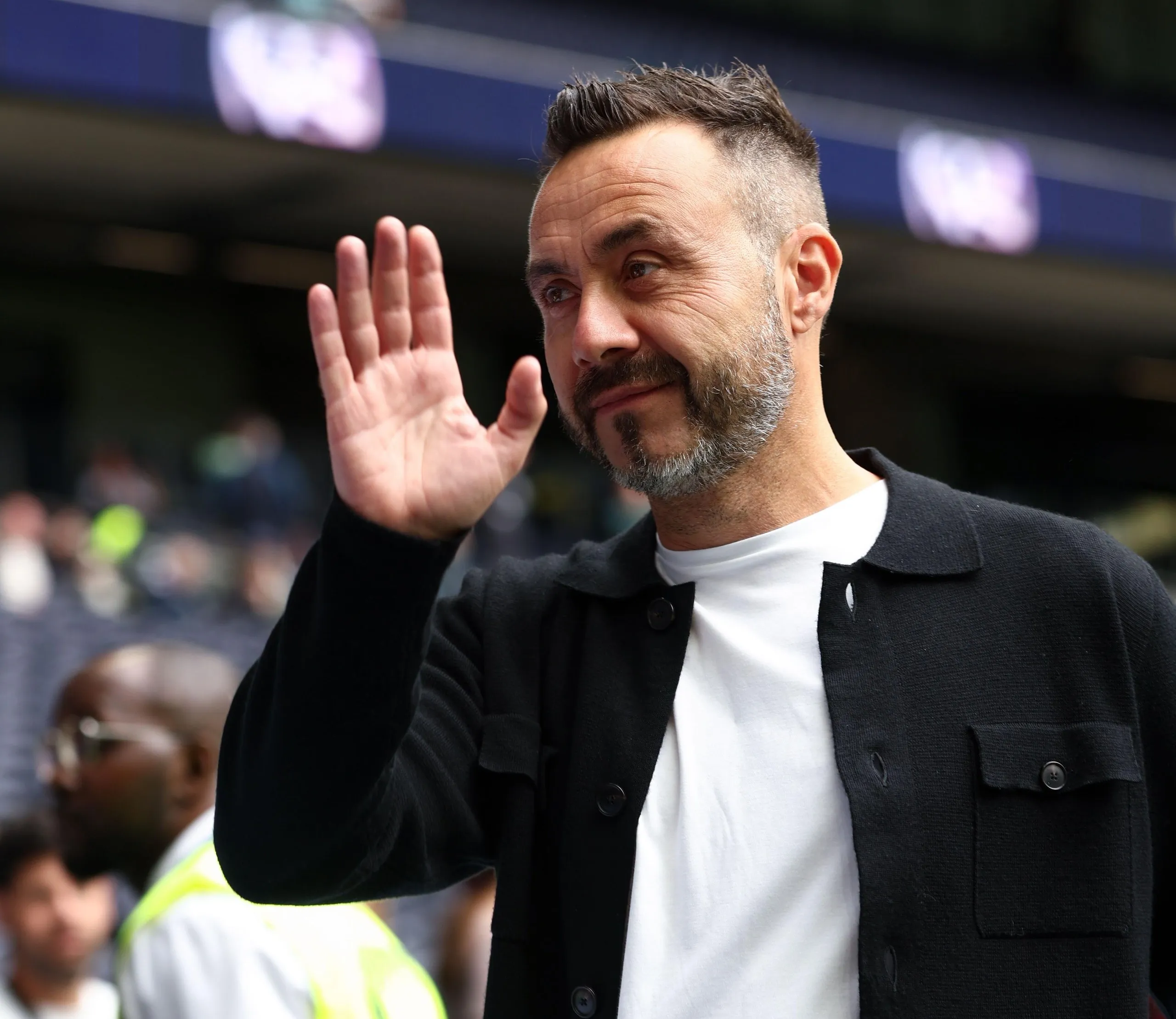 Roberto De Zerbi arrives at the stadium before kick-off.