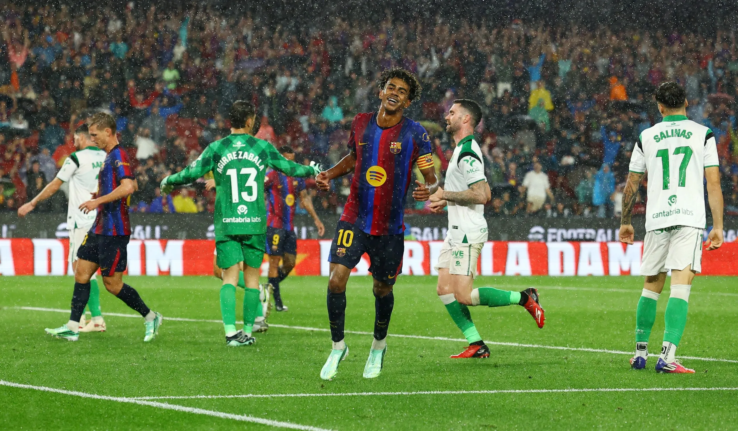 Lamine Yamal celebrates scoring Barcelona’s seventh goal.