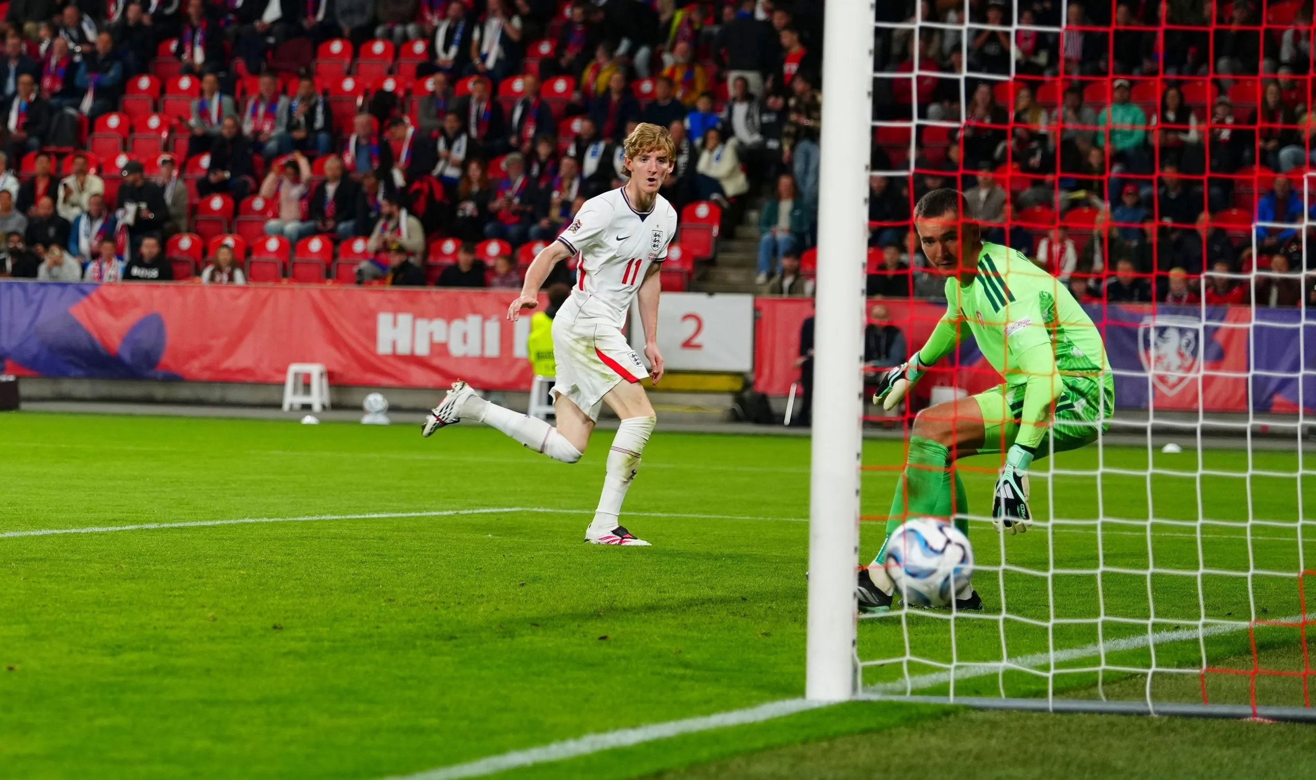 Anthony Gordon scores England’s first goal against Czechia.