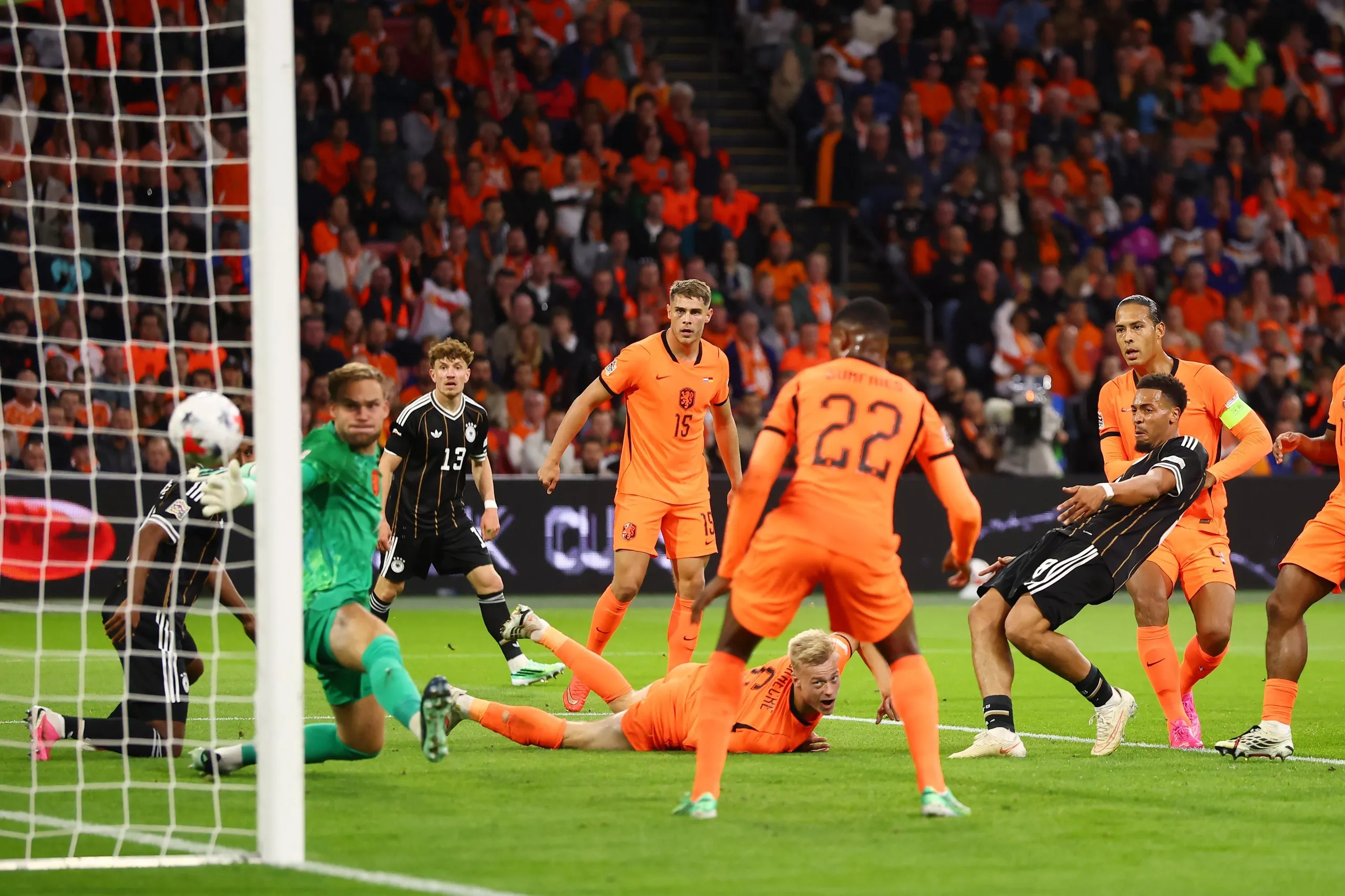 Felix Nmecha scores for Germany against the Netherlands in the Europa League.