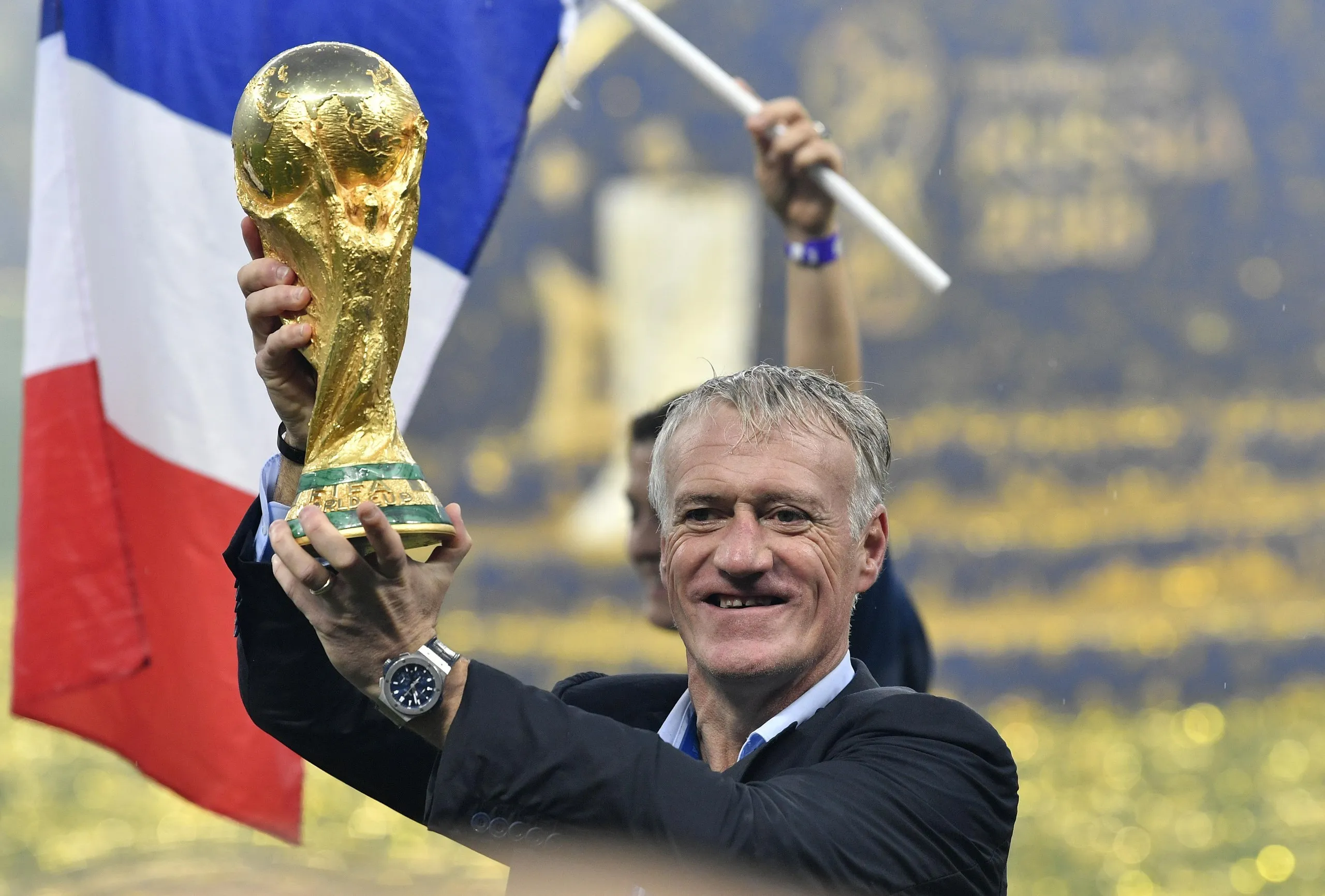 Didier Deschamps lifts the World Cup after France beat Croatia 4-2 in the 2018 World Cup final 