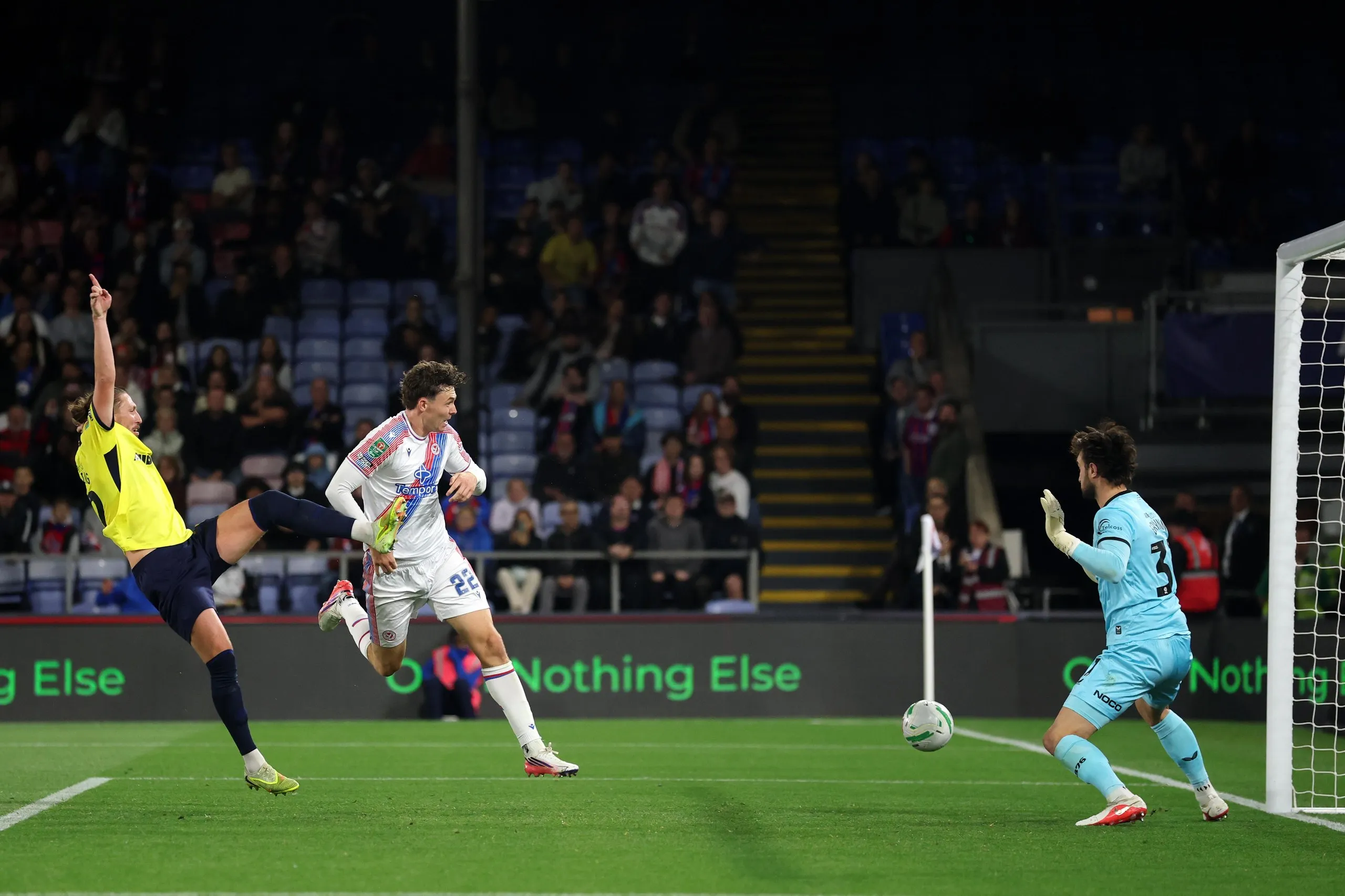 Jorgen Strand Larsen of Crystal Palace scores his team’s first goal past Boro keeper Sol Brynn.