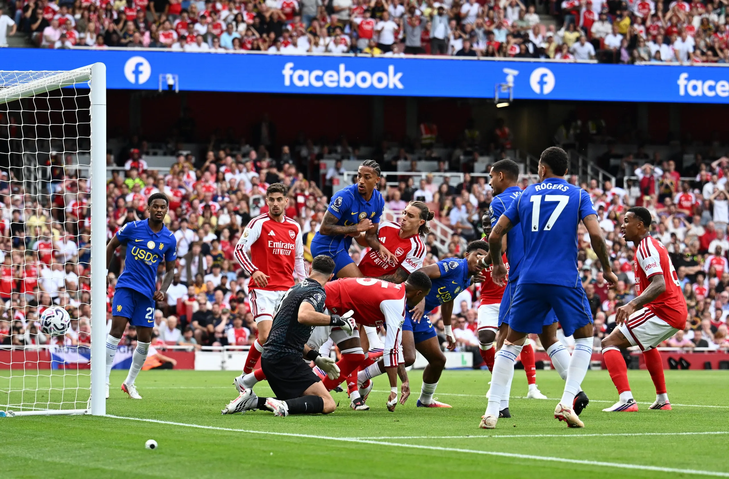 Riccardo Calafiori of Arsenal scores a goal which is later disallowed by VAR.
