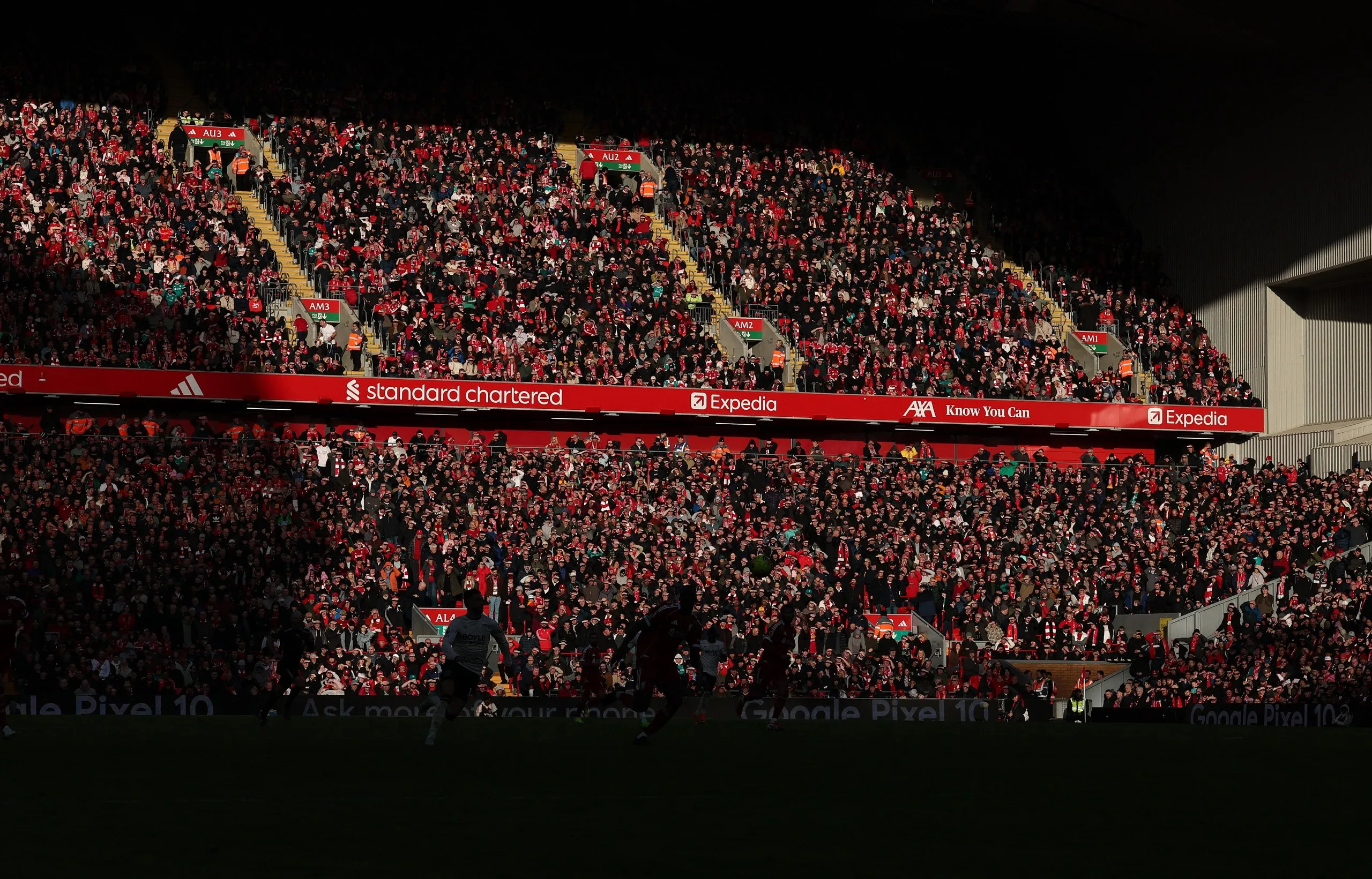 Packed stands at Anfield watch Liverpool play West Ham in February 2026