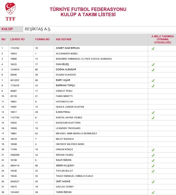TFF açıkladı:İşte dört büyüklerin kadro listeleri! - 1