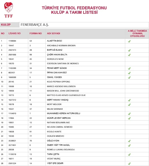 TFF açıkladı:İşte dört büyüklerin kadro listeleri! - 2