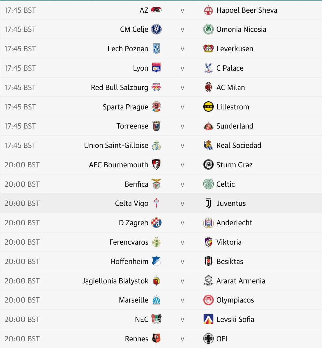 Europa League fixure list