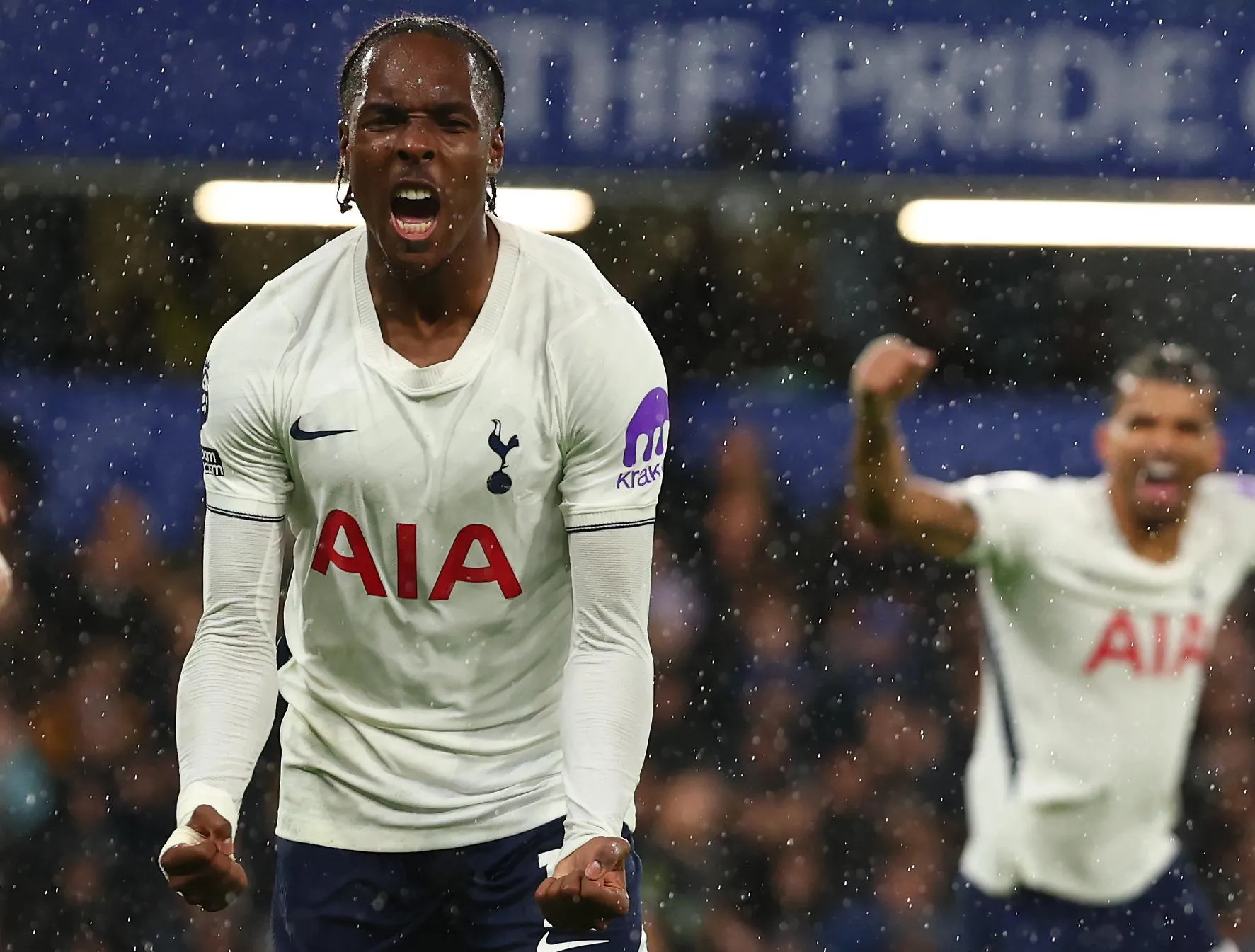 Mathys Tel celebrates the own goal by Mike Penders during the Premier League match between Chelsea and Tottenham