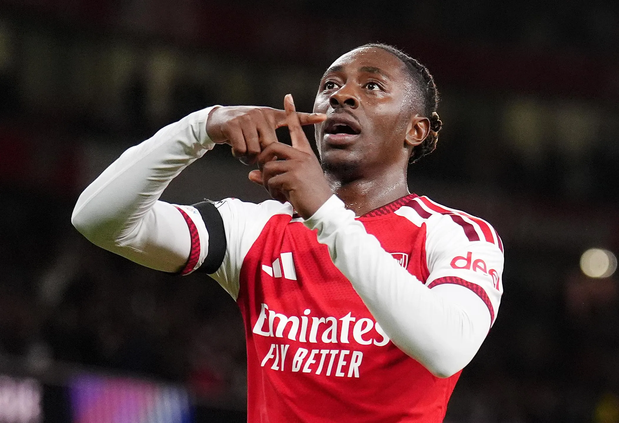 Eberechi Eze celebrates scoring Arsenal’s second goal of the game.
