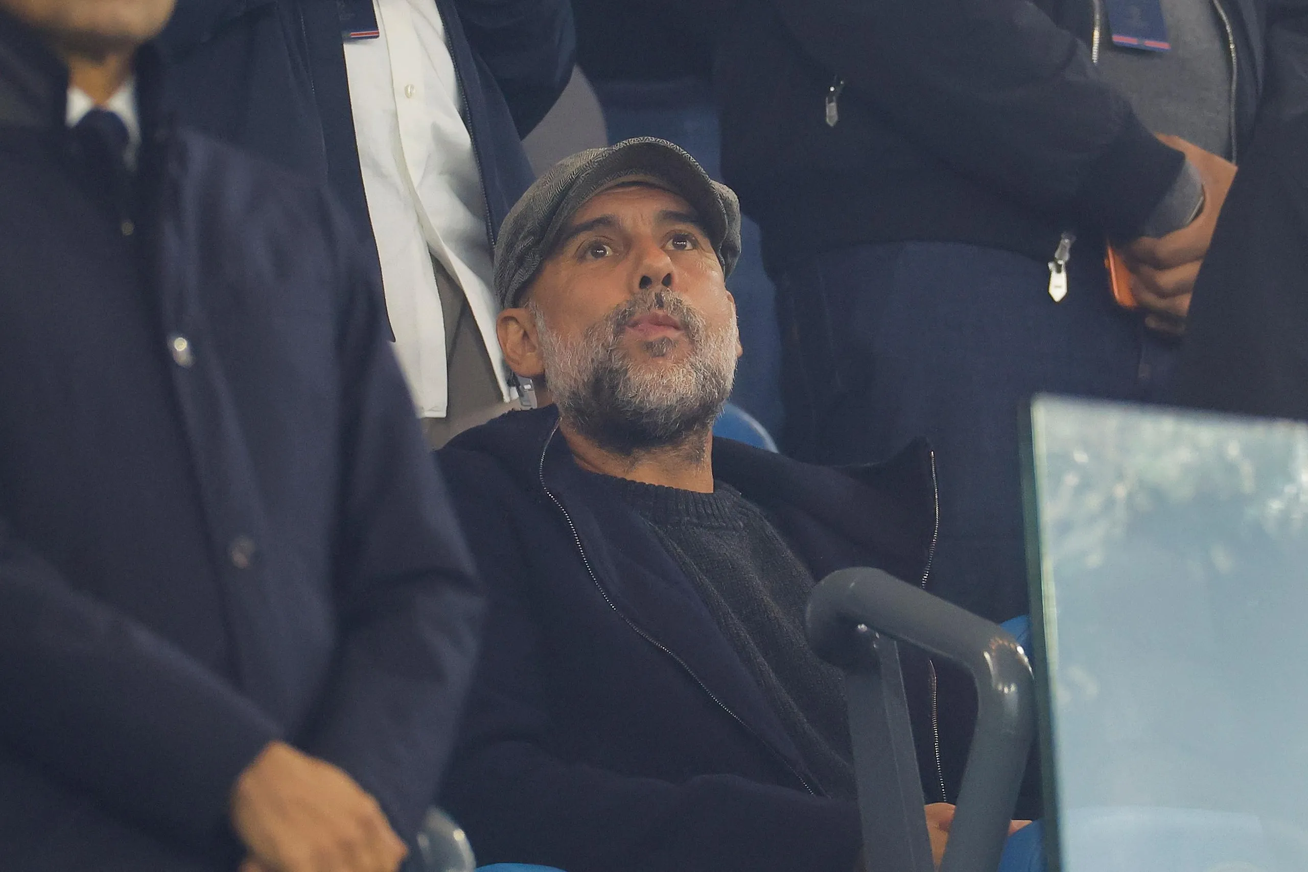 Pep Guardiola in the stands during the UEFA Champions League 2026/27 League Phase MD2 match between Manchester City and Paris Saint-Germain at City of Manchester Stadium on October 14, 2026 in Manchester, England. (Photo by Tom Jenkins/The Guardian)