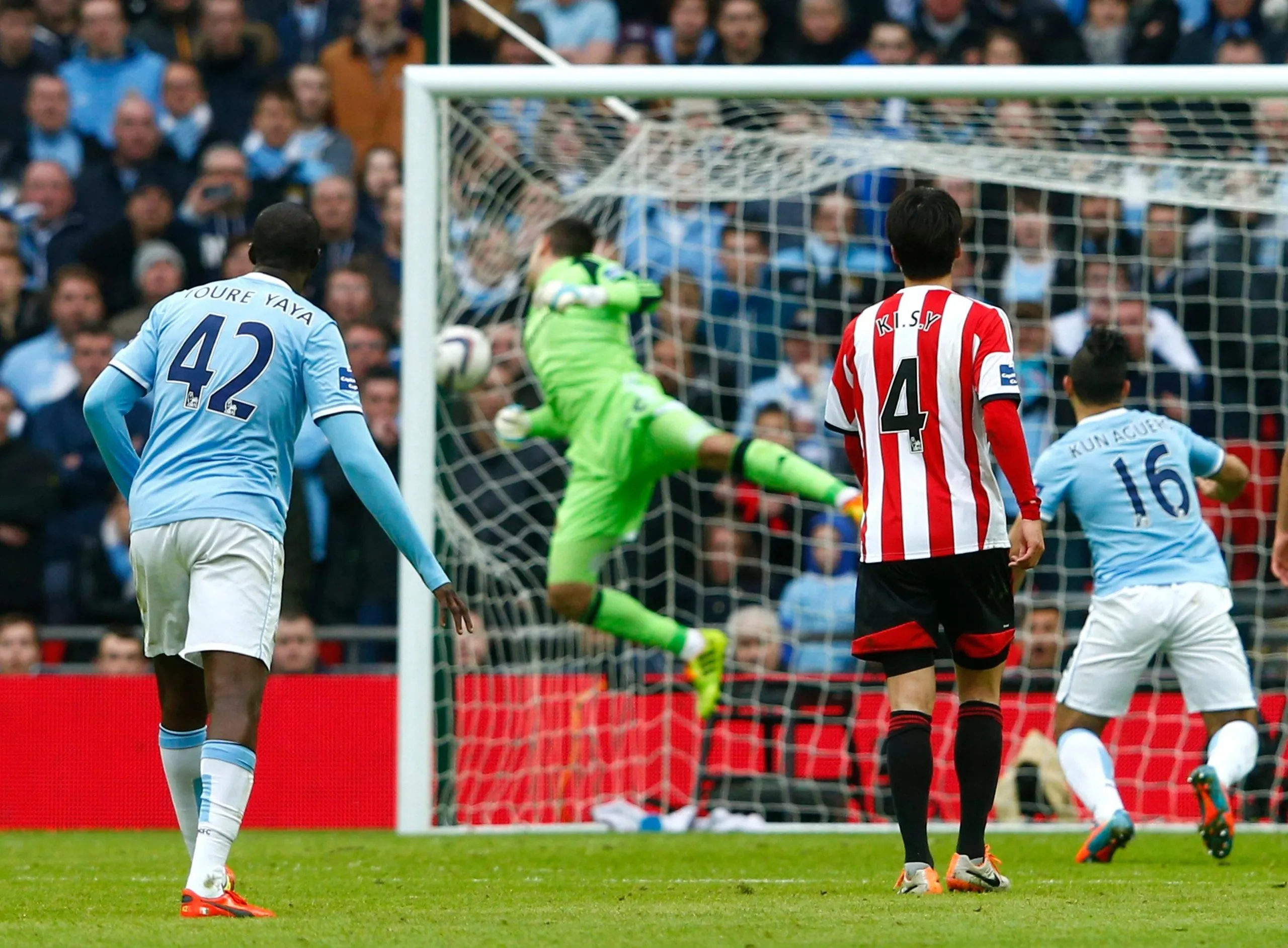 Manchester City’s Yaya Touré equalises against Sunderland in the 2014 League Cup final