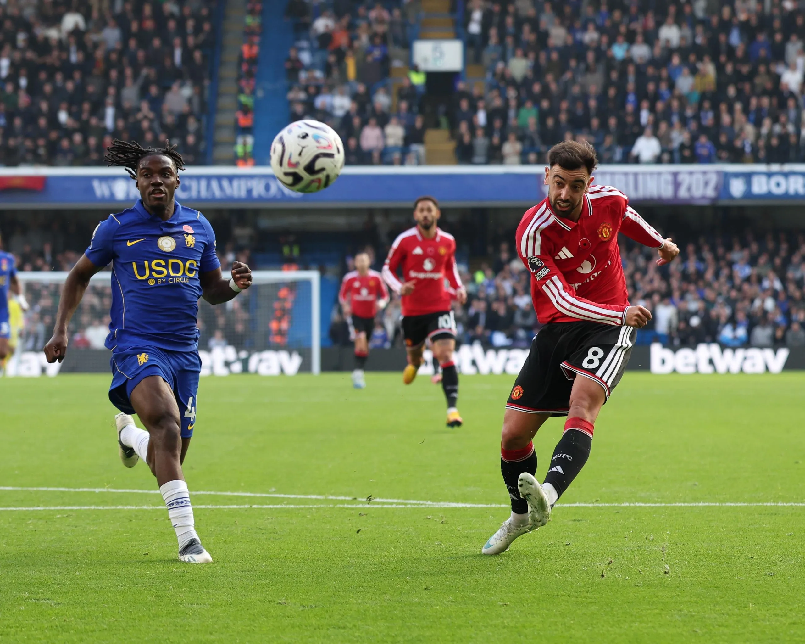 Bruno Fernandes fires a shot at as Manchester United take on Chelsea at Stamford Bridge.