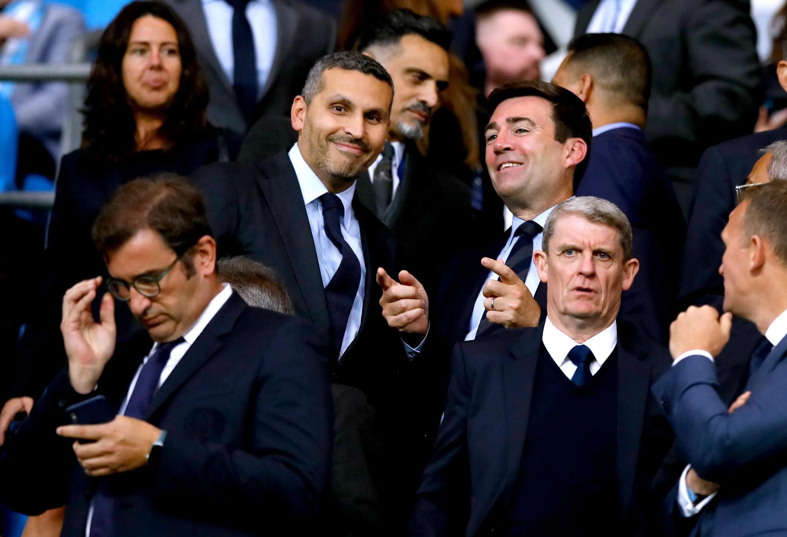 Andy Burnham (third left) speaks to Manchester City chair, Khaldoon Al Mubarak before the Vincent Kompany Testimonial at the Etihad Stadium in 2019