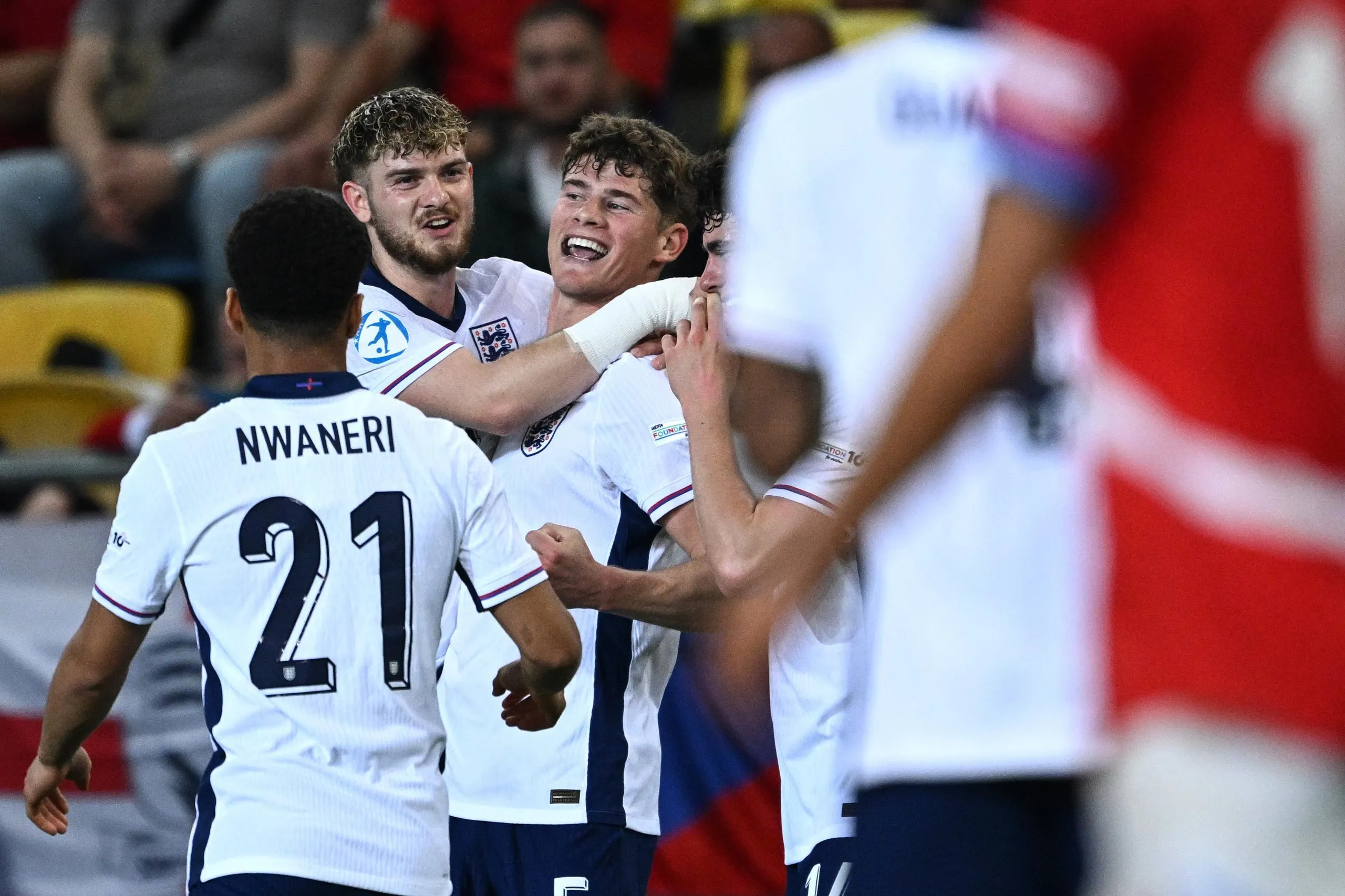 Charlie Cresswell celebrates after scoring for England against Czechia in the Under-21s Euros in 2025.