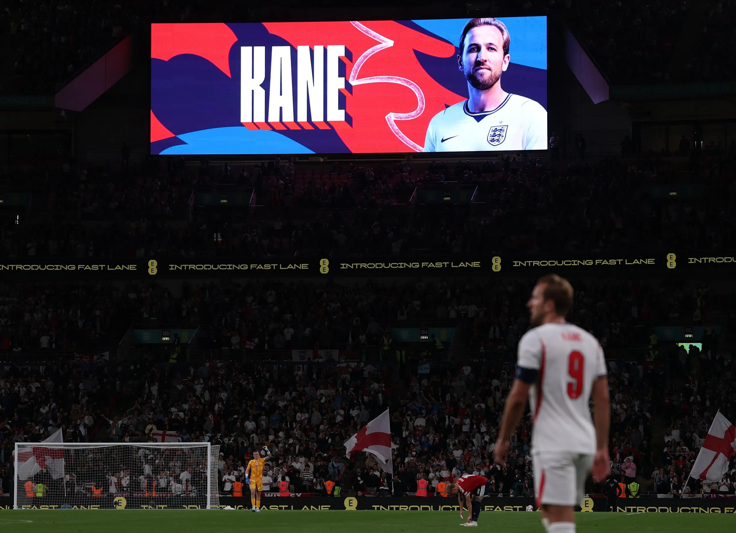 The screen inside the stadium shows a graphic of Harry Kane of England after he scores his teams third goal