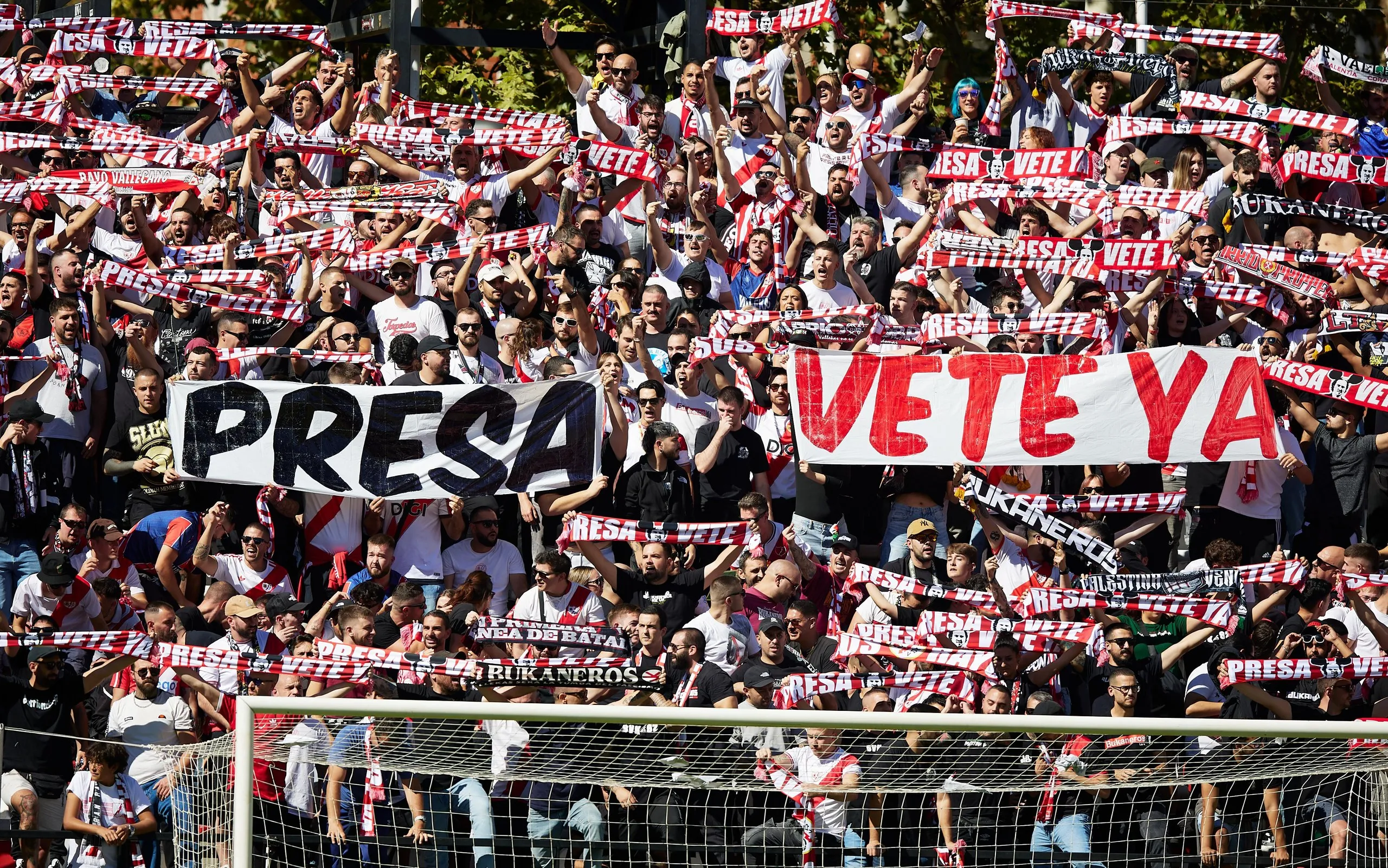 Rayo Vallecano supporters protest against Raúl Martín Presa with a banner that reads ‘Presa, go now’ during the La Liga match between Rayo Vallecano and Athletic Club