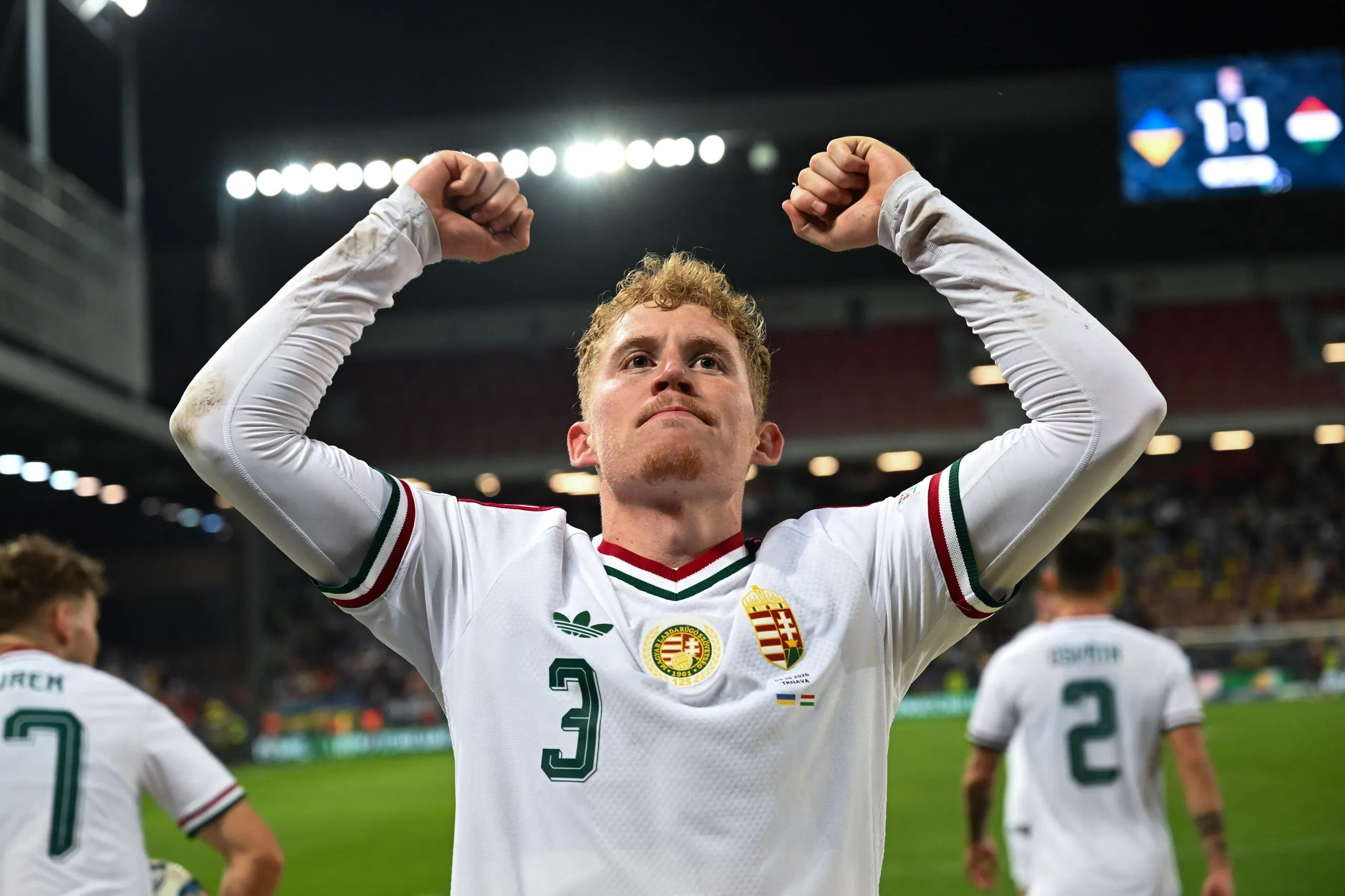 Mark Csinger punches the air after scoring Hungary’s winner against Ukraine