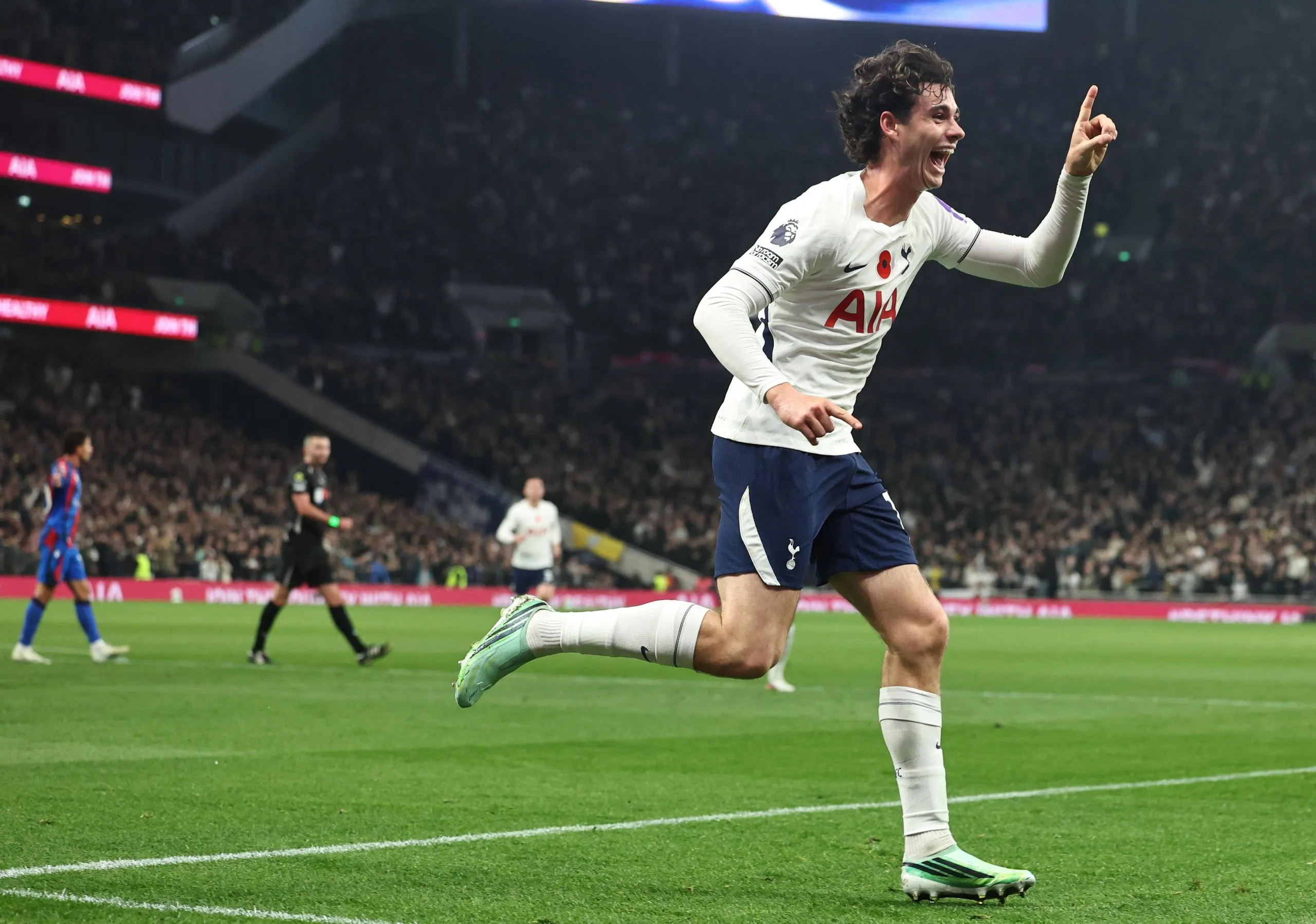 Archie Gray celebrates after opening the scoring for Tottenham against Crystal Palace.