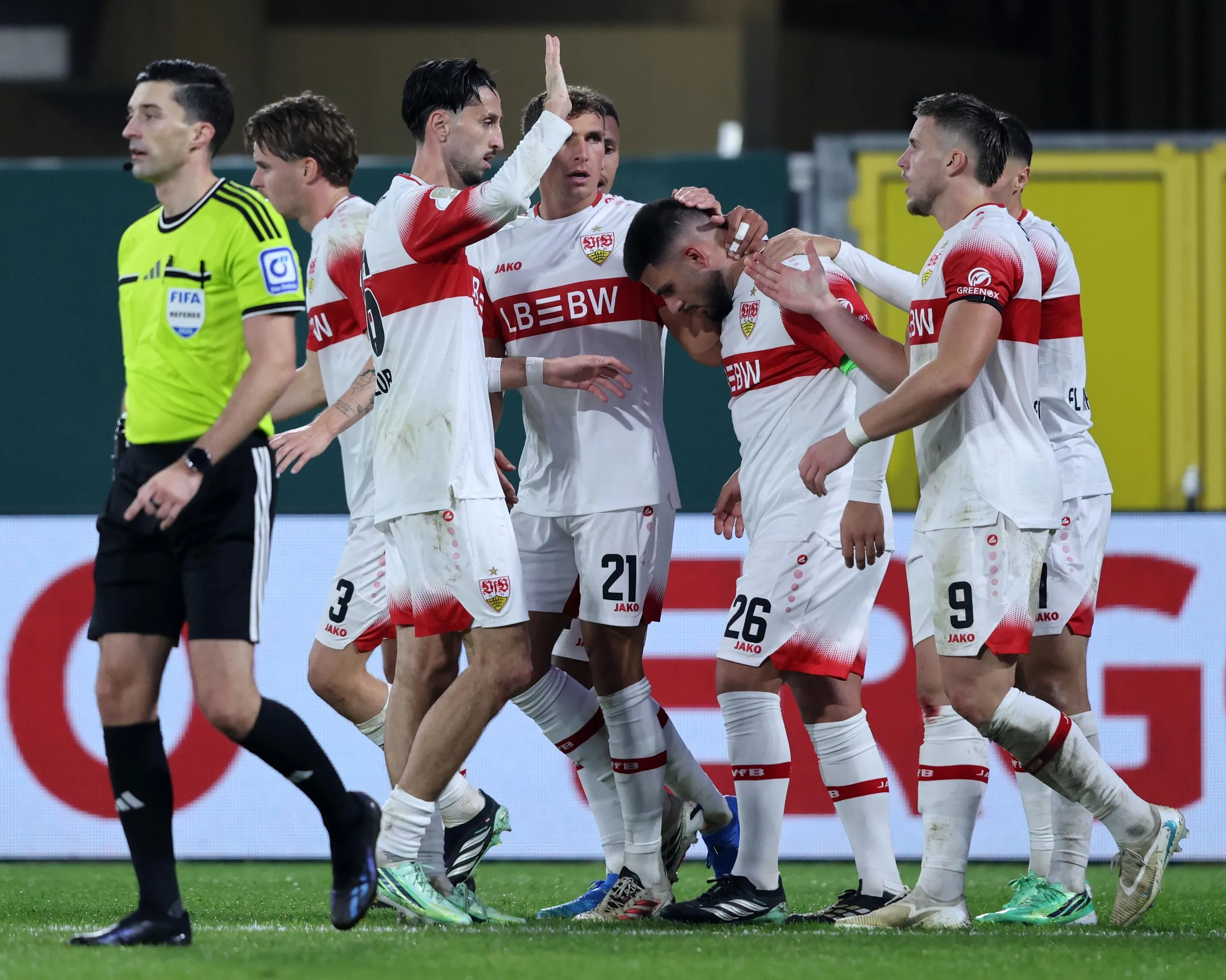 Deniz Undav (No 26) takes the plaudits after his late winner knocks Paderborn out of the German Cup