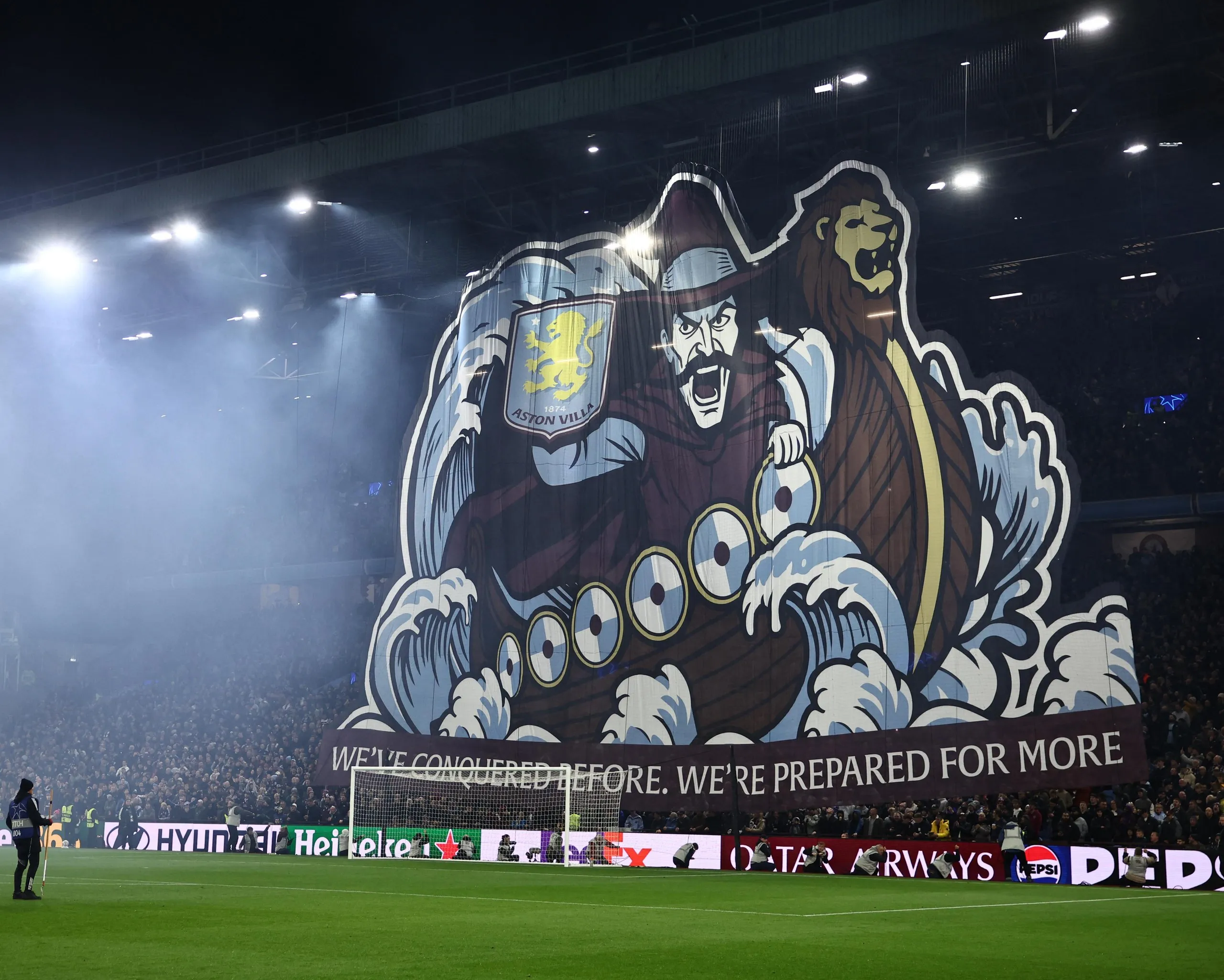 Aston Villa fans unfurl a Viking-themed tifo before kick-off.