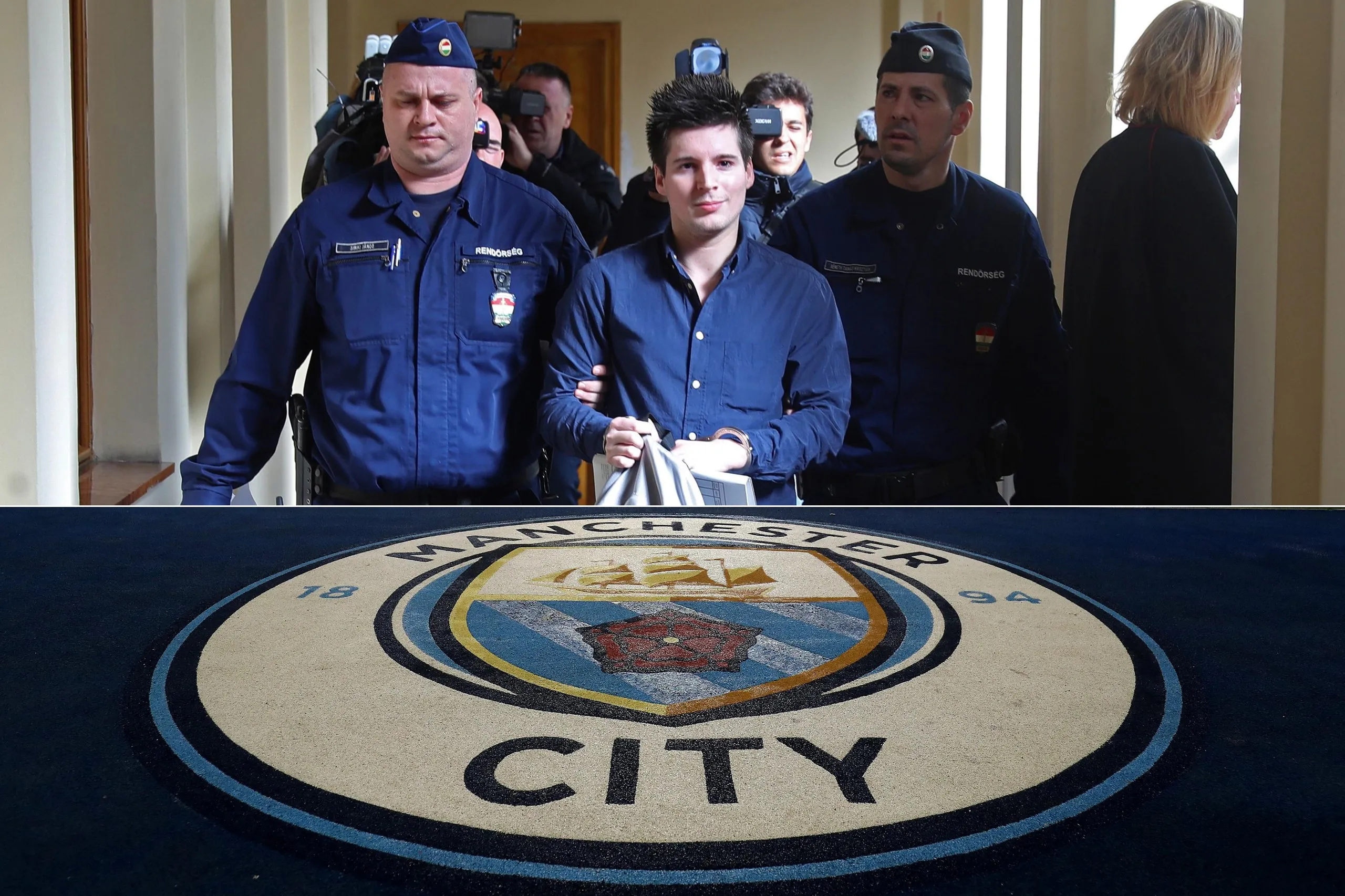 Rui Pinto (centre) is escorted by judicial officers as he arrives at the Metropolitan Court in Budapest for his trial in January 2020