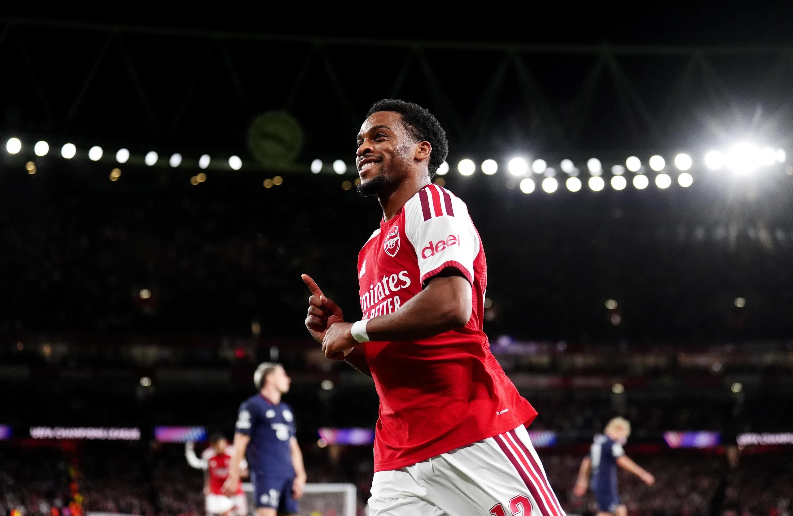Jurrien Timber celebrates scoring Arsenal’s first goal.