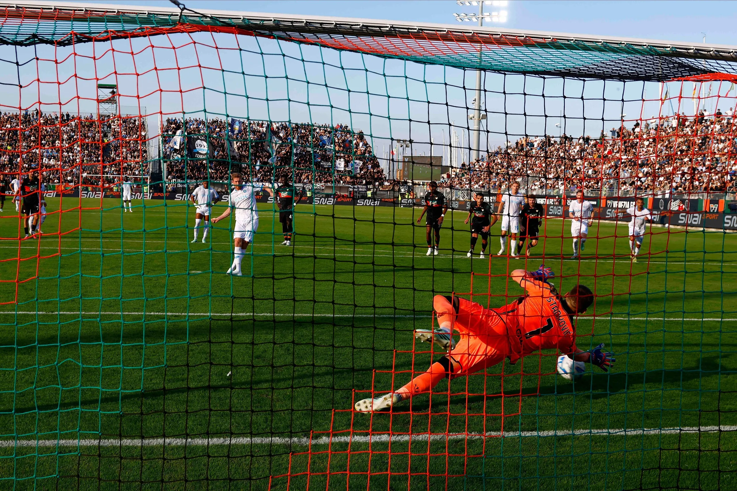 Kevin De Bruyne’s penalty is saved by Venezia’s Filip Stankovic